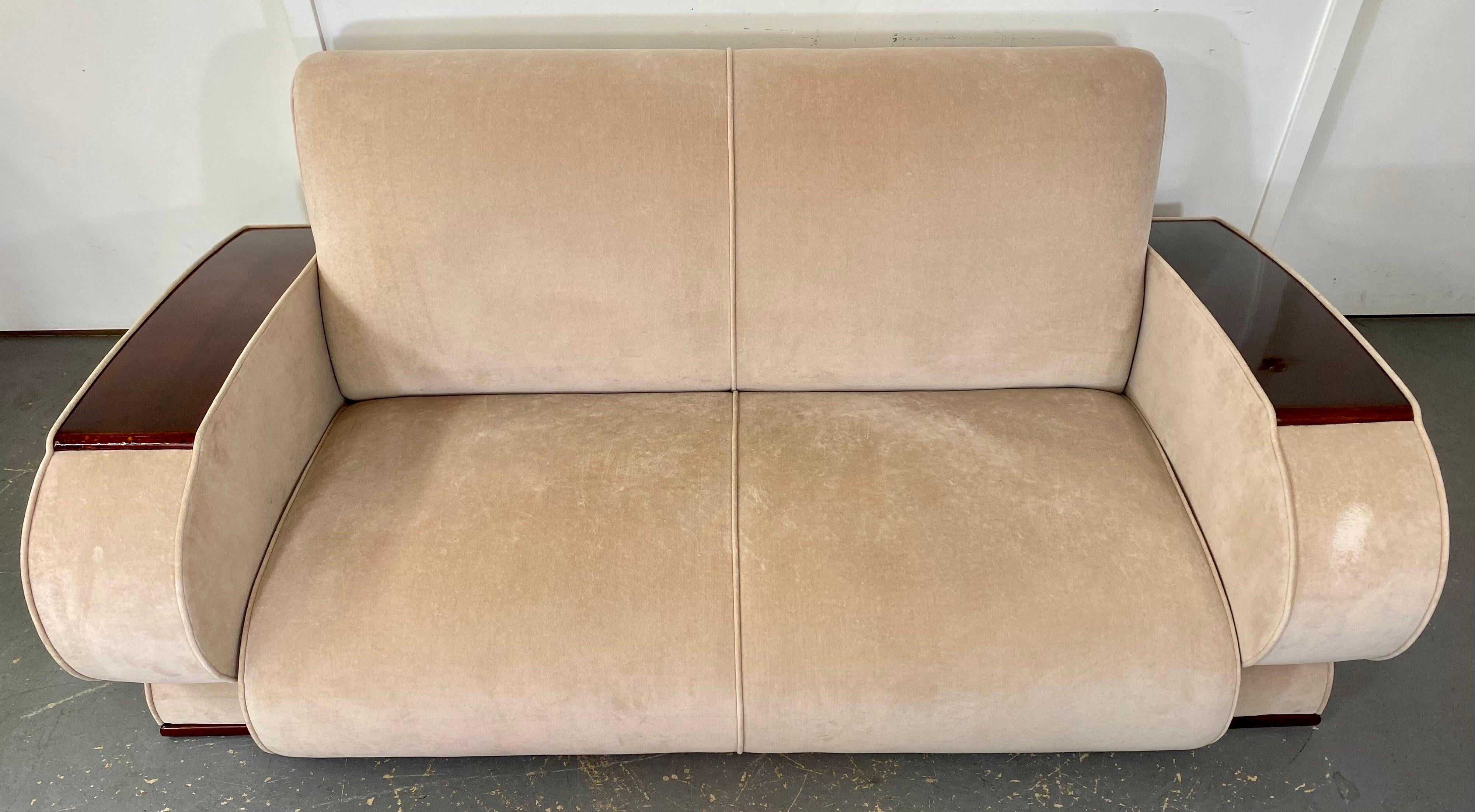 20th Century French Art Deco Sofa or Settee with Beige Suede Upholstery & Rosewood Armrests  For Sale