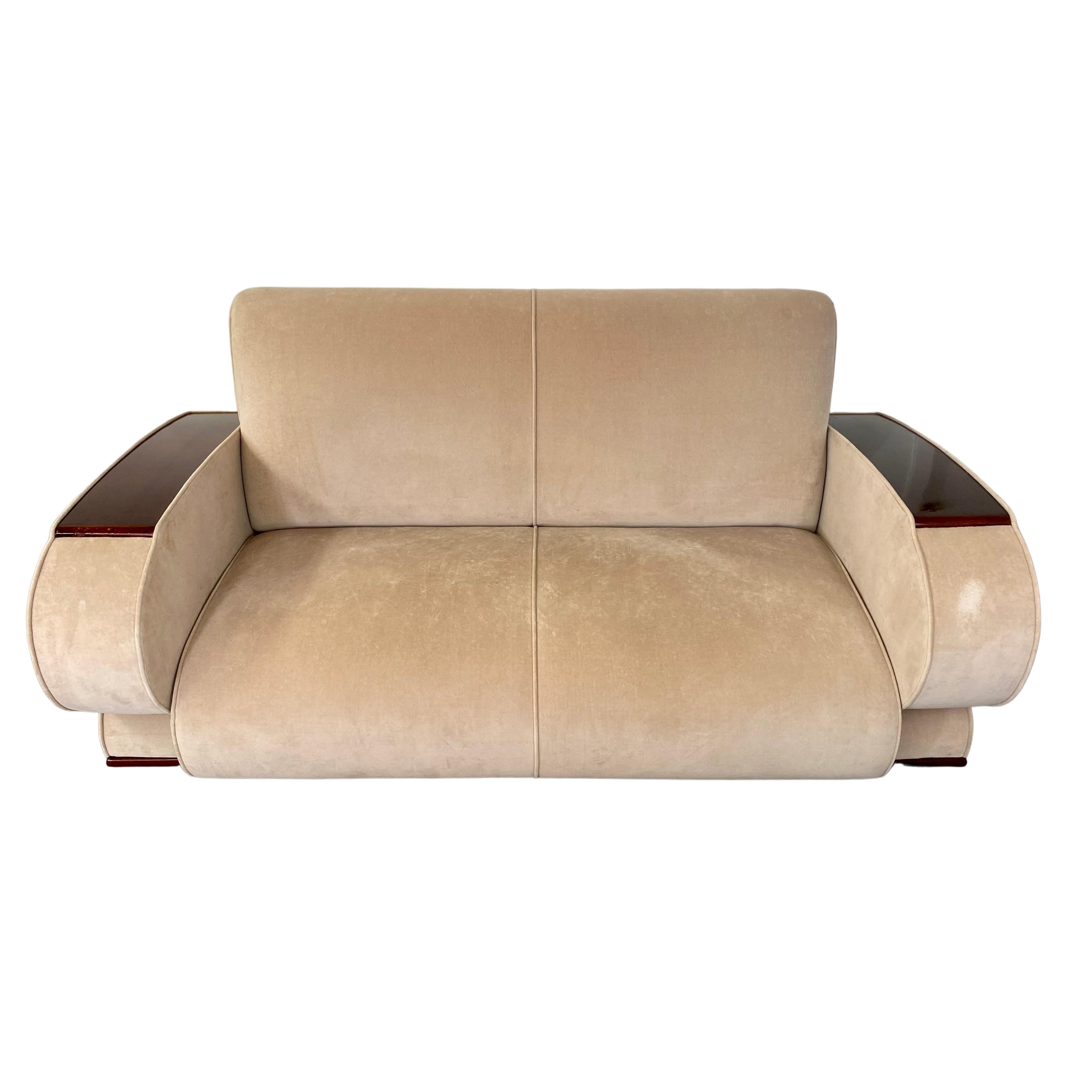 French Art Deco Sofa or Settee with Beige Suede Upholstery & Rosewood Armrests  For Sale