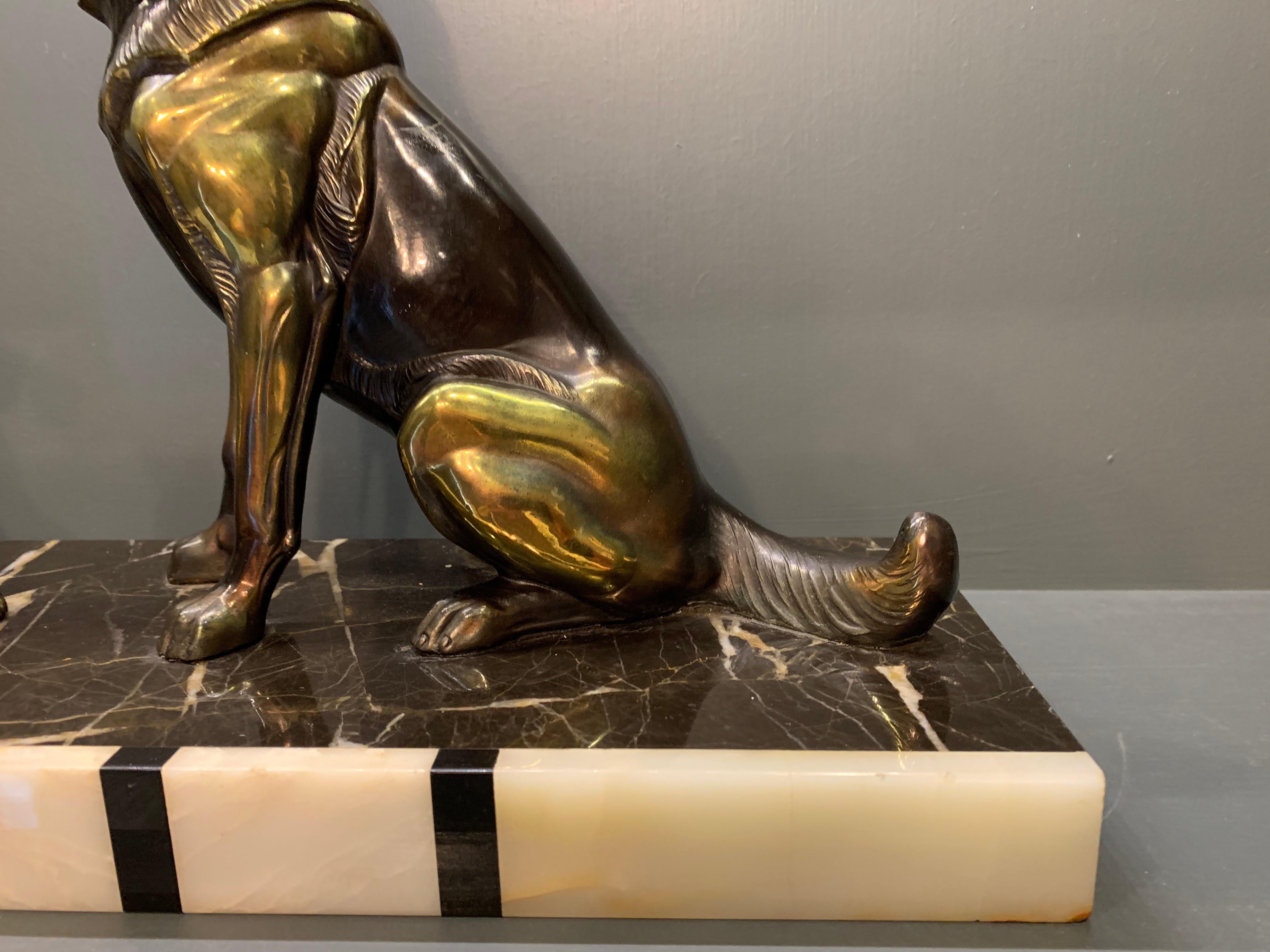 Mid-20th Century French Art Deco Spelter Alsatian Dogs on a Marble Base For Sale
