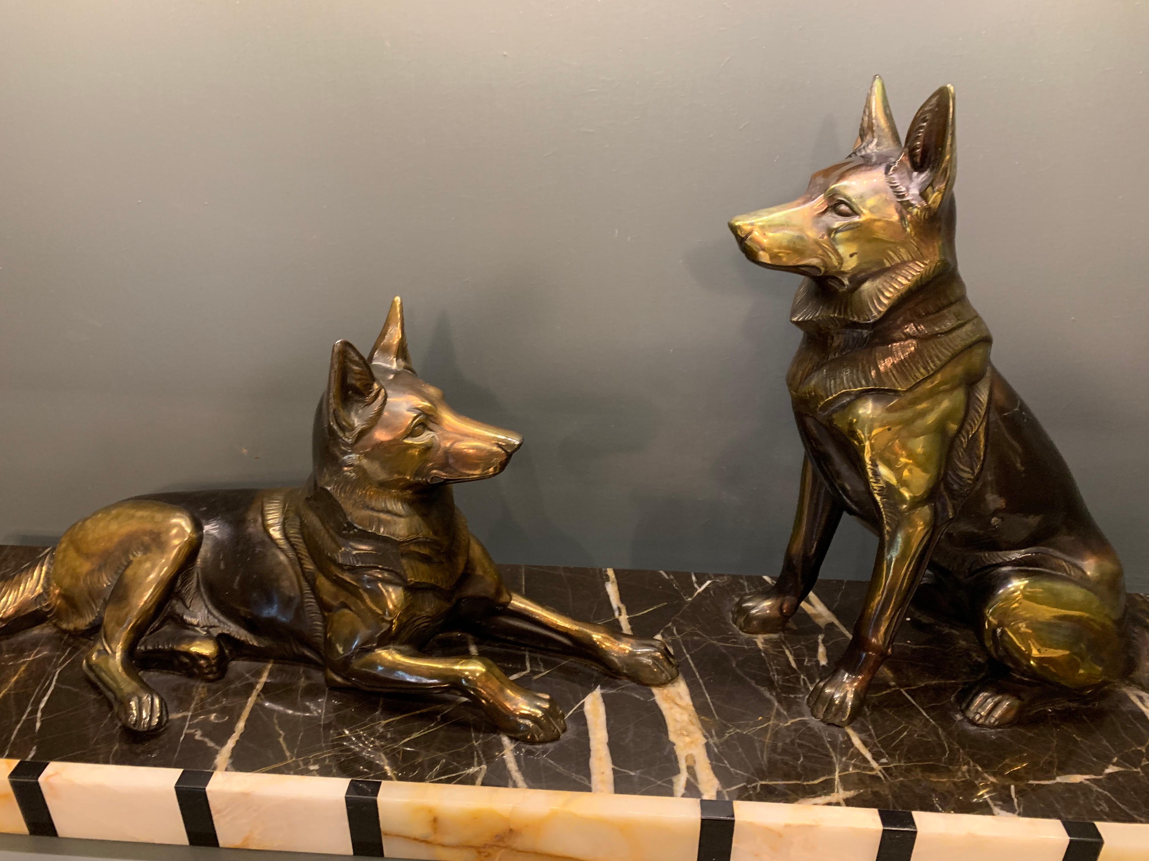 French Art Deco Spelter Alsatian Dogs on a Marble Base For Sale 1