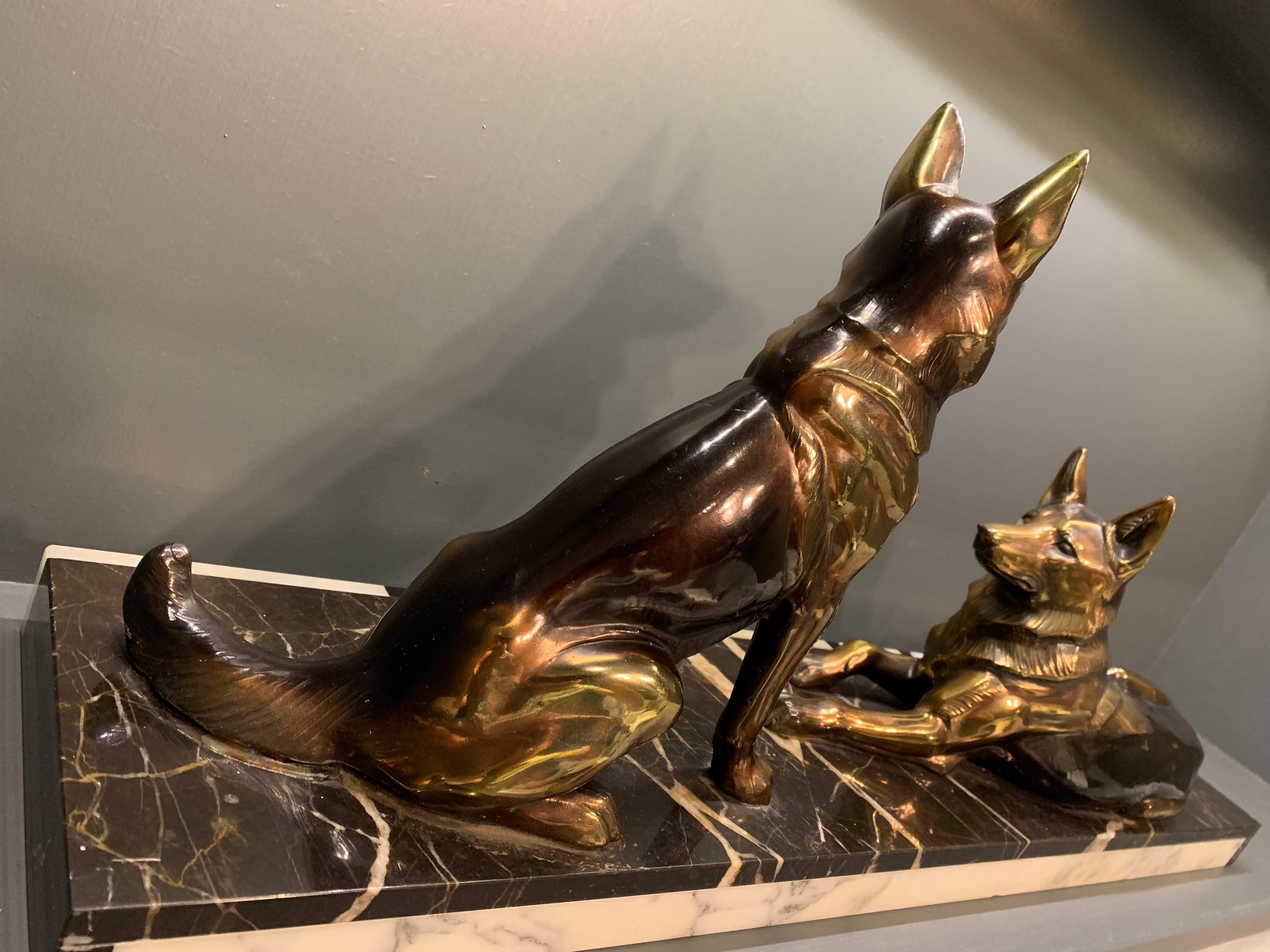 French Art Deco Spelter Alsatian Dogs on a Marble Base For Sale 3