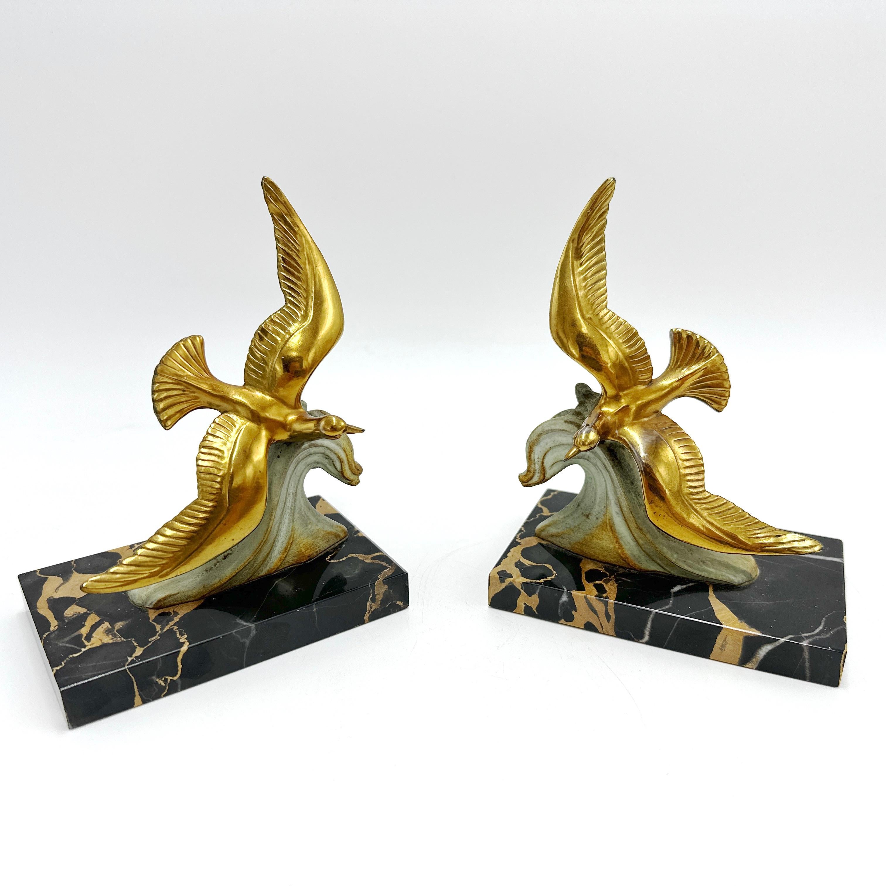French Art Deco Spelter Brass and Marble Bookends For Sale 6