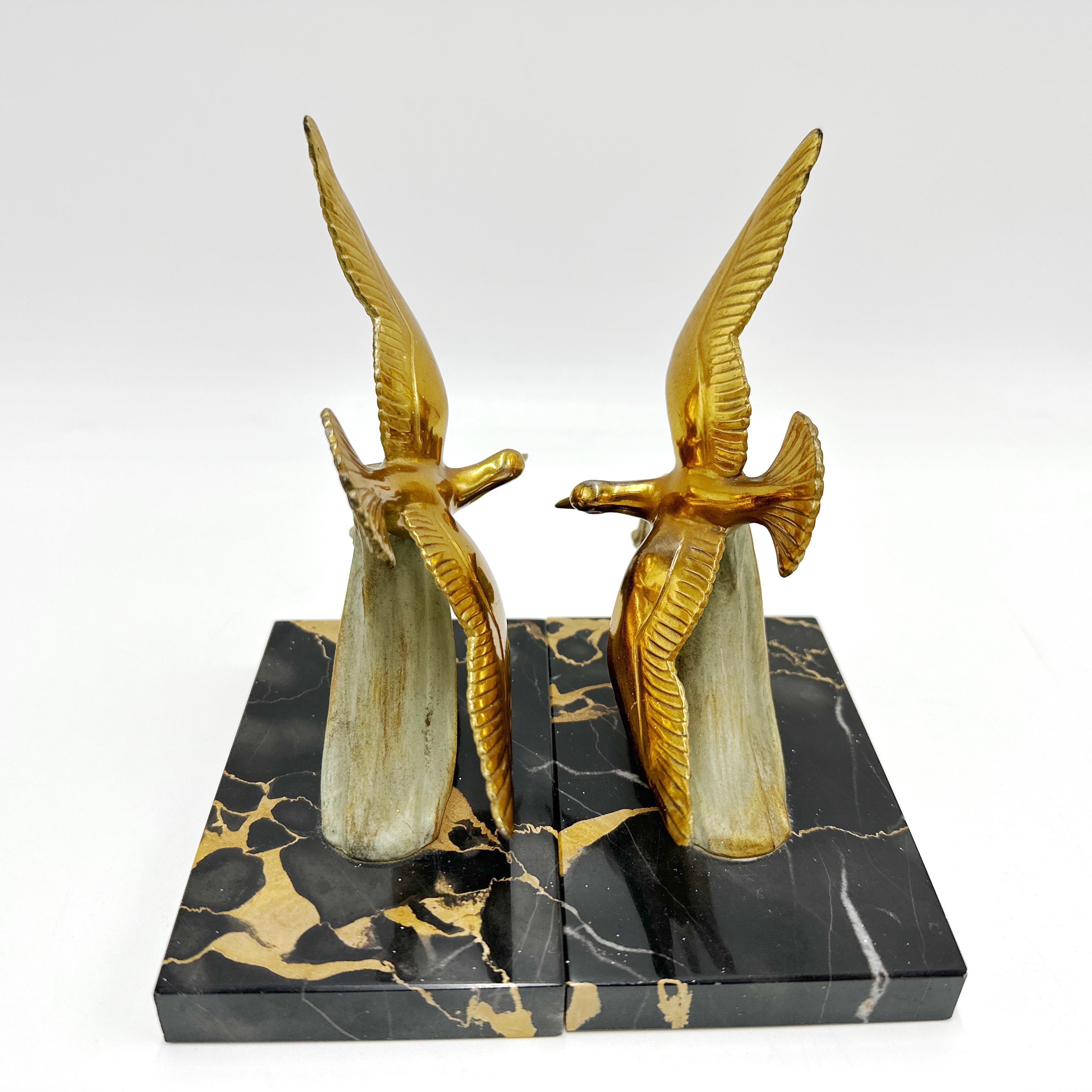 French Art Deco Spelter Brass and Marble Bookends For Sale 1