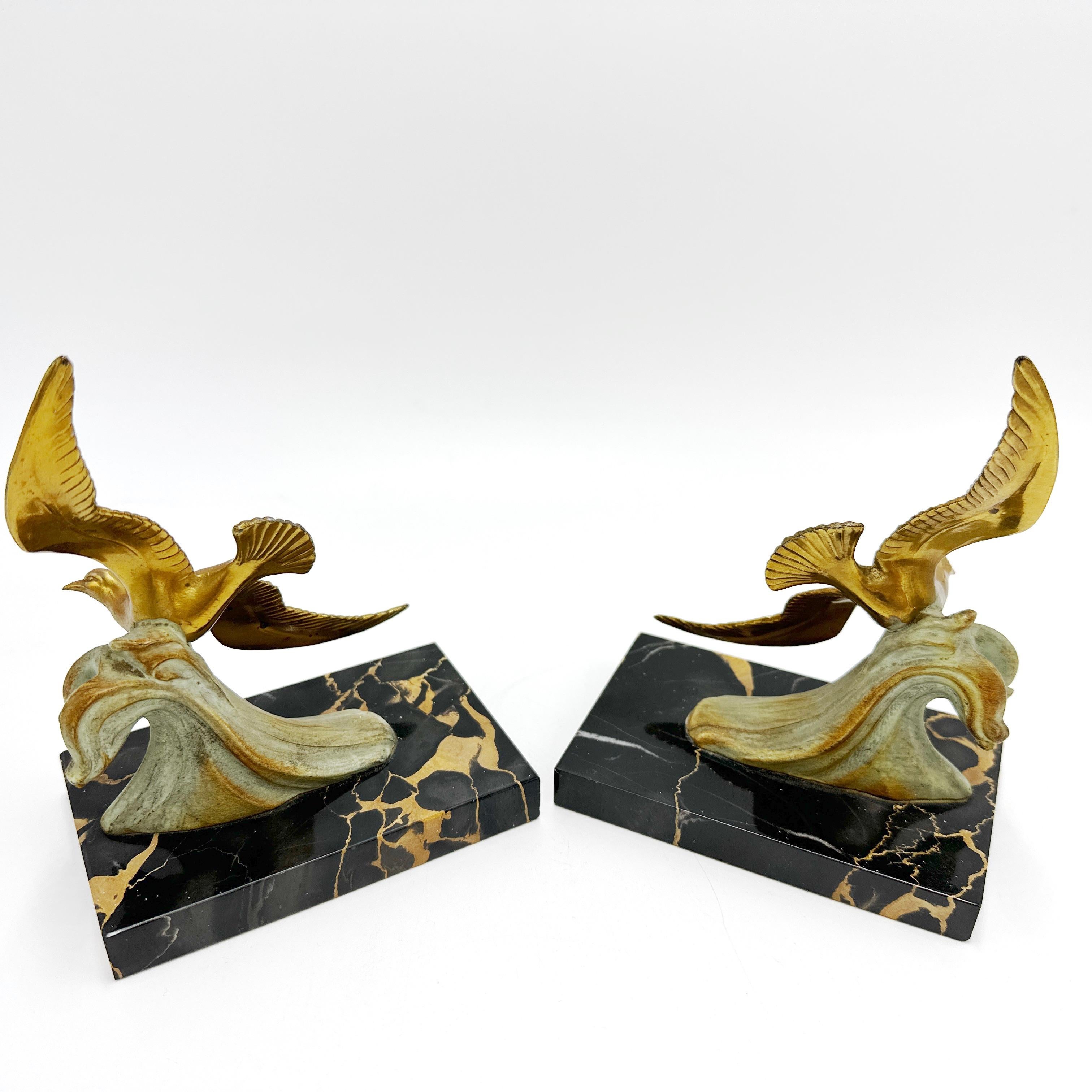 French Art Deco Spelter Brass and Marble Bookends For Sale 2