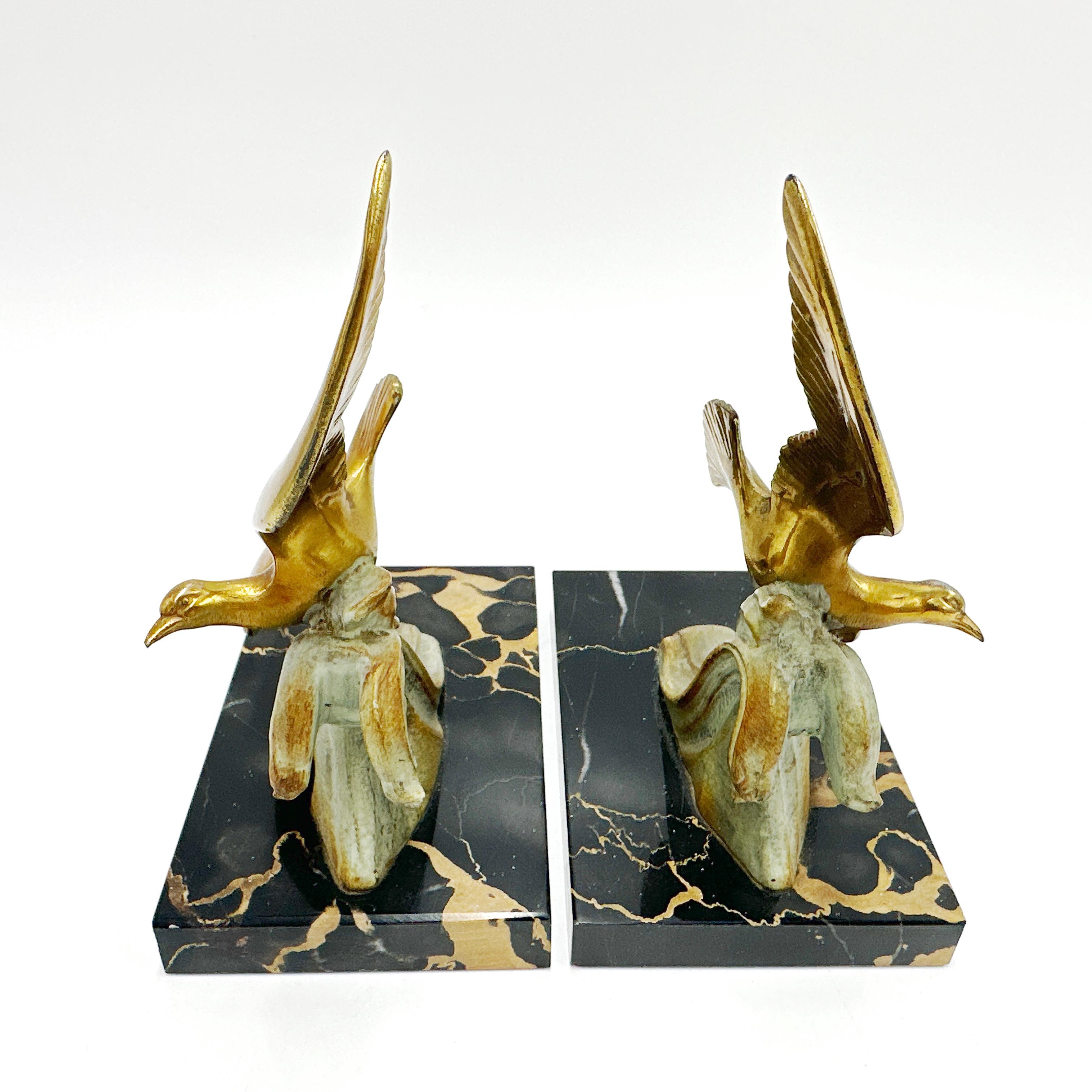 French Art Deco Spelter Brass and Marble Bookends For Sale 3
