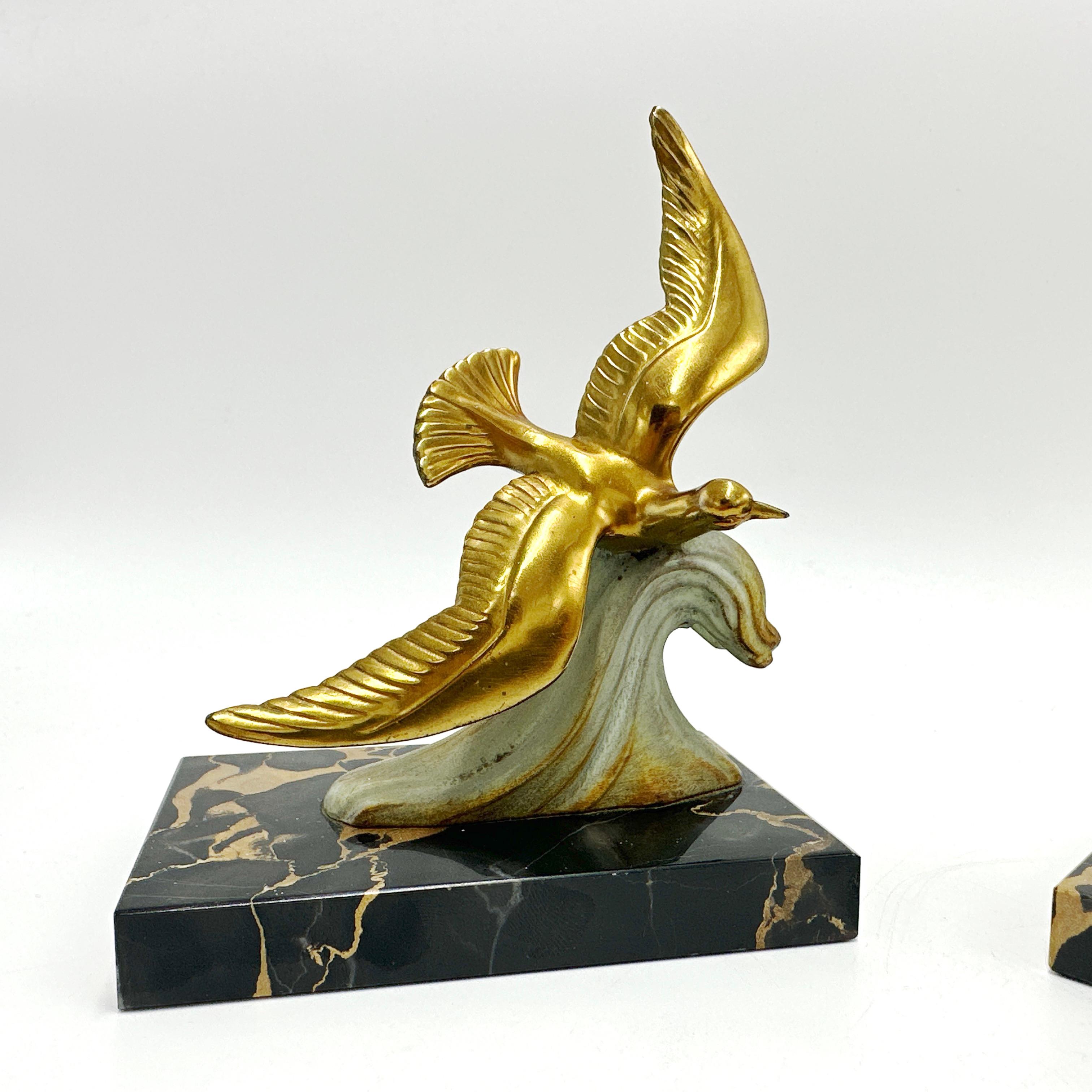 French Art Deco Spelter Brass and Marble Bookends For Sale 5