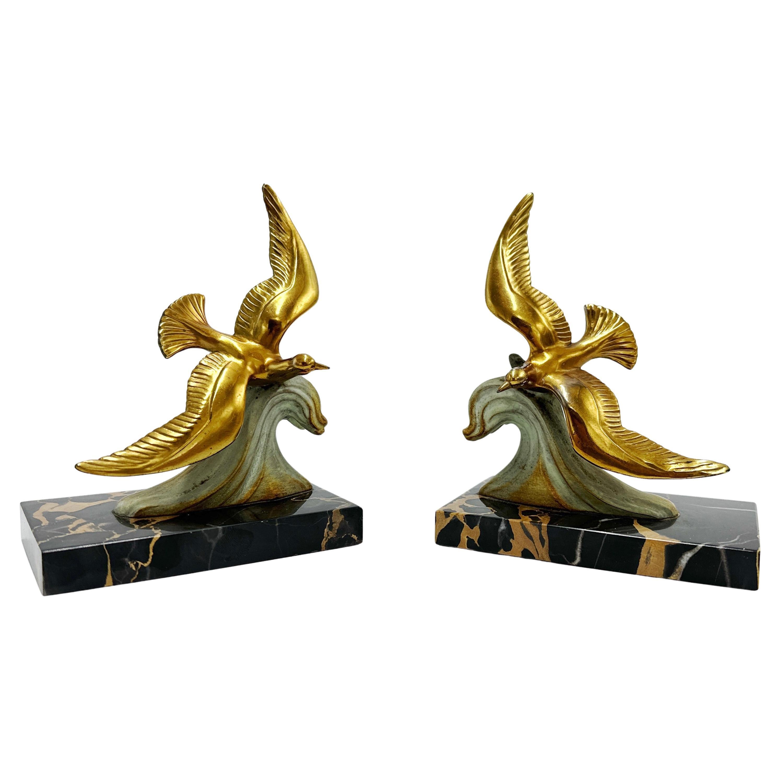 French Art Deco Spelter Brass and Marble Bookends For Sale