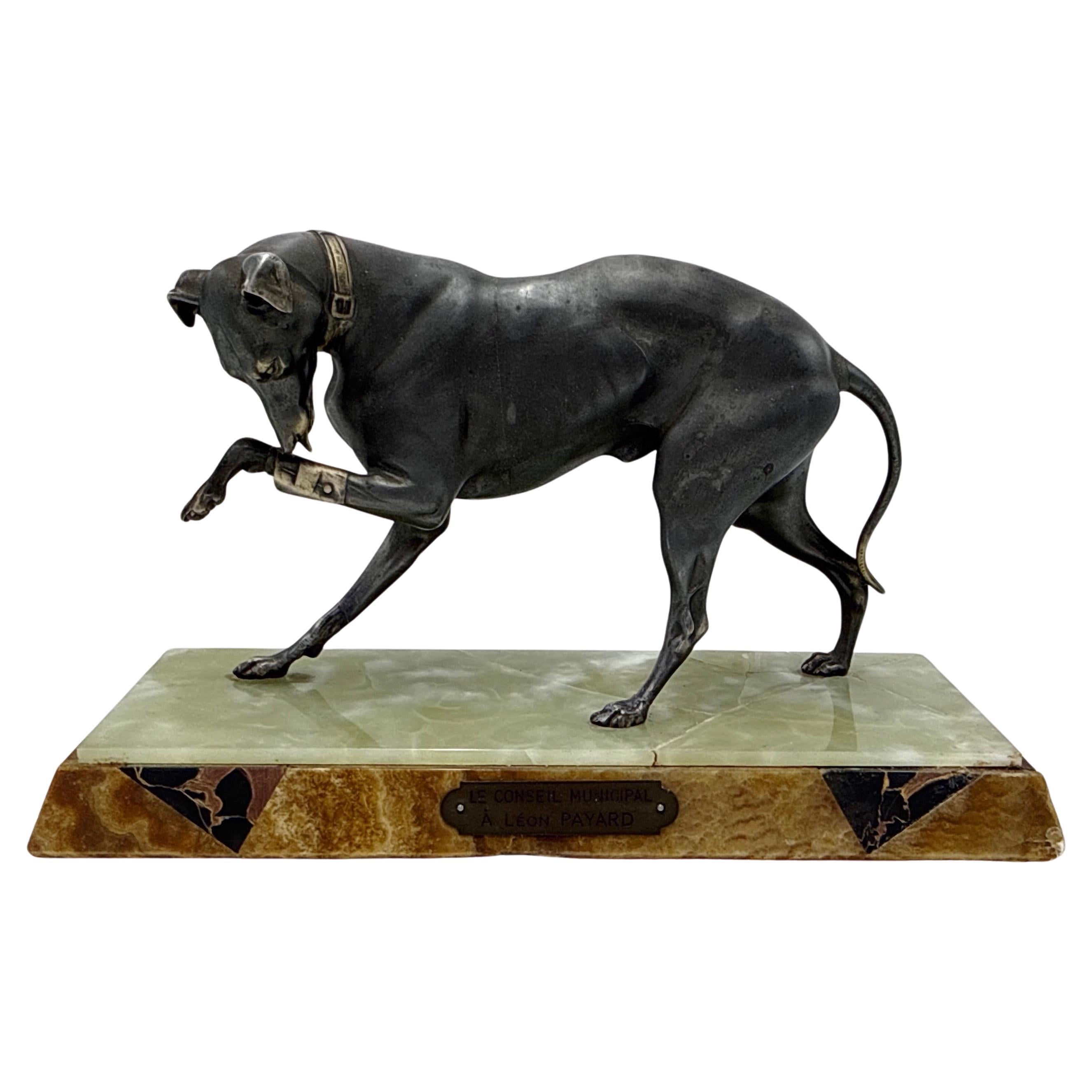 French Art Deco Spelter Dog Sculpture on Marble Base – Early 20th Century