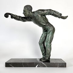 French Art Deco Spelter Sculpture Boules Player Marble Base 1930s