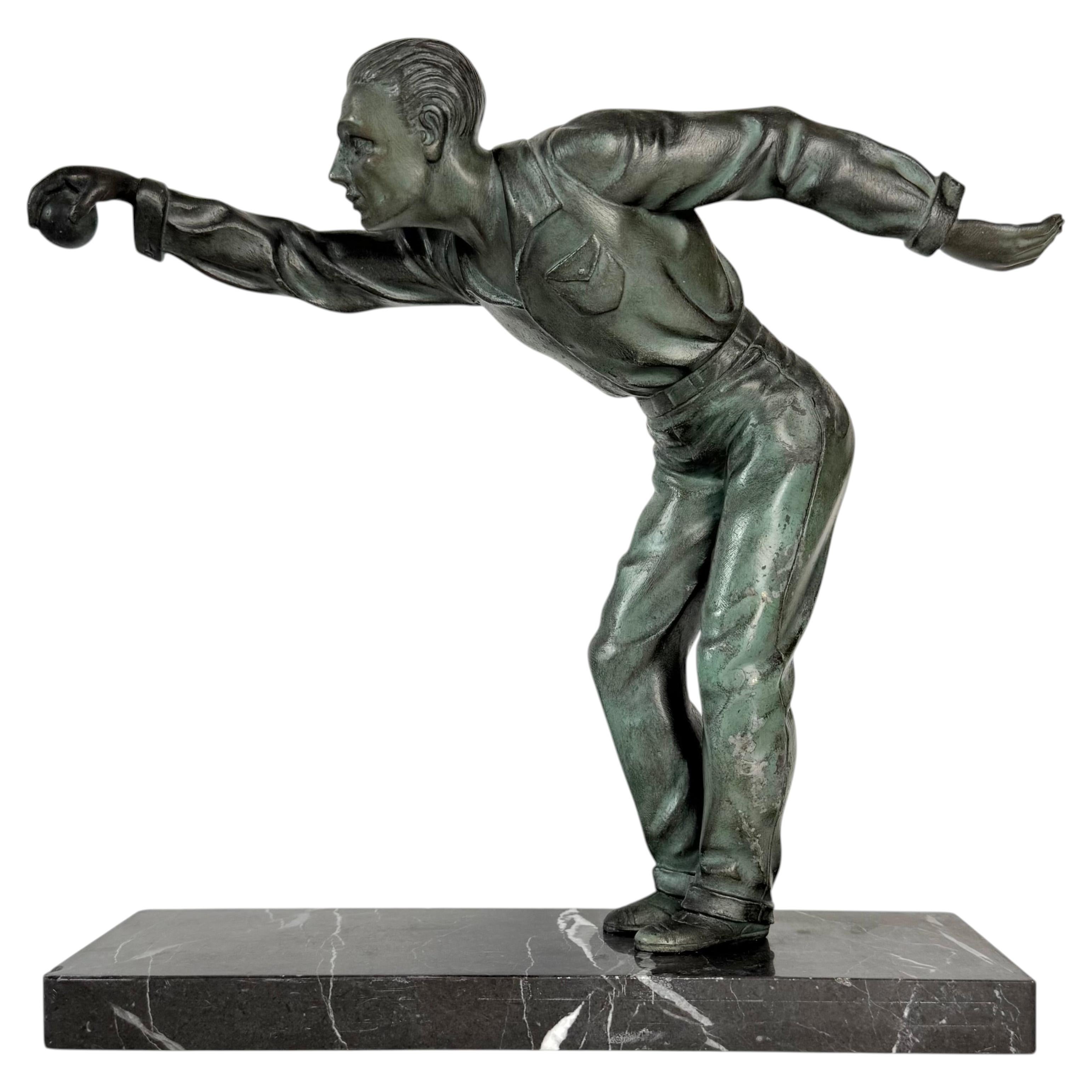 French Art Deco Spelter Sculpture Boules Player Marble Base 1930s