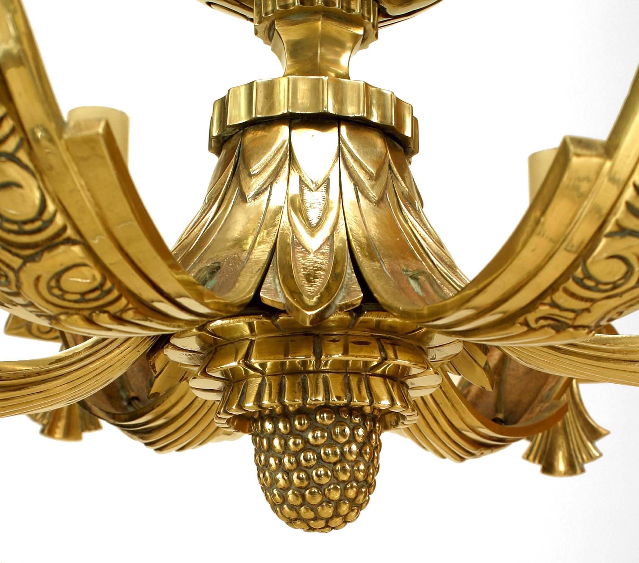 French Art Deco Bronze Scalloped Chandelier For Sale 2