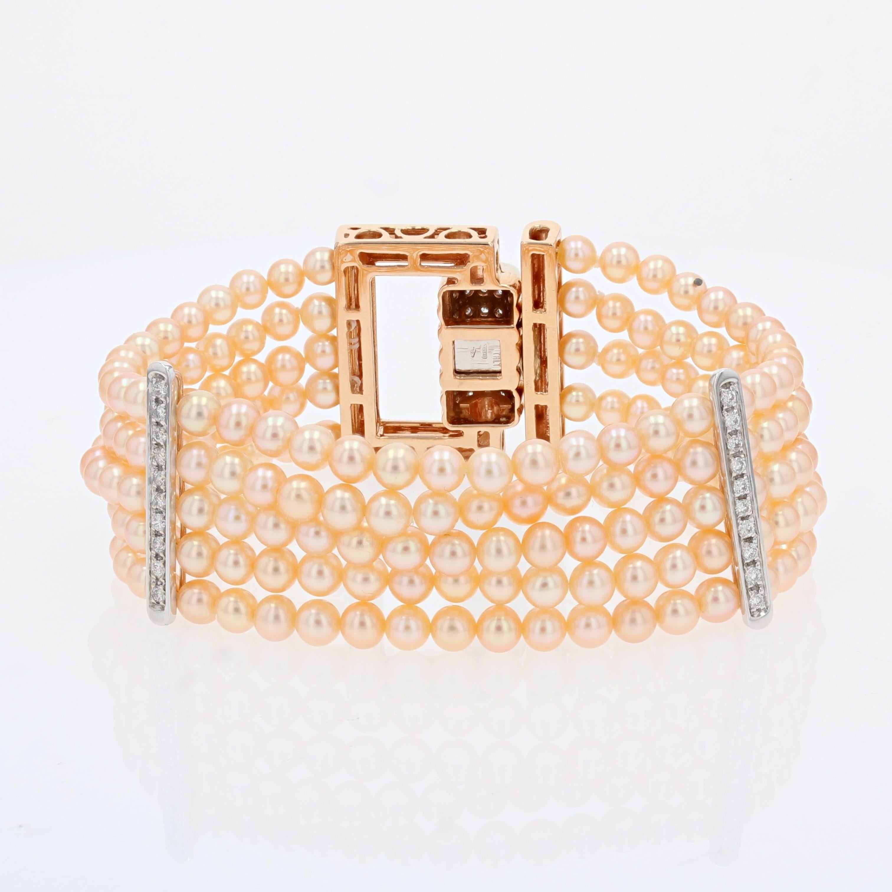 French Art Deco Style Pink Cultured Pearl Diamonds 18 Karat Rose Gold Bracelet For Sale 5