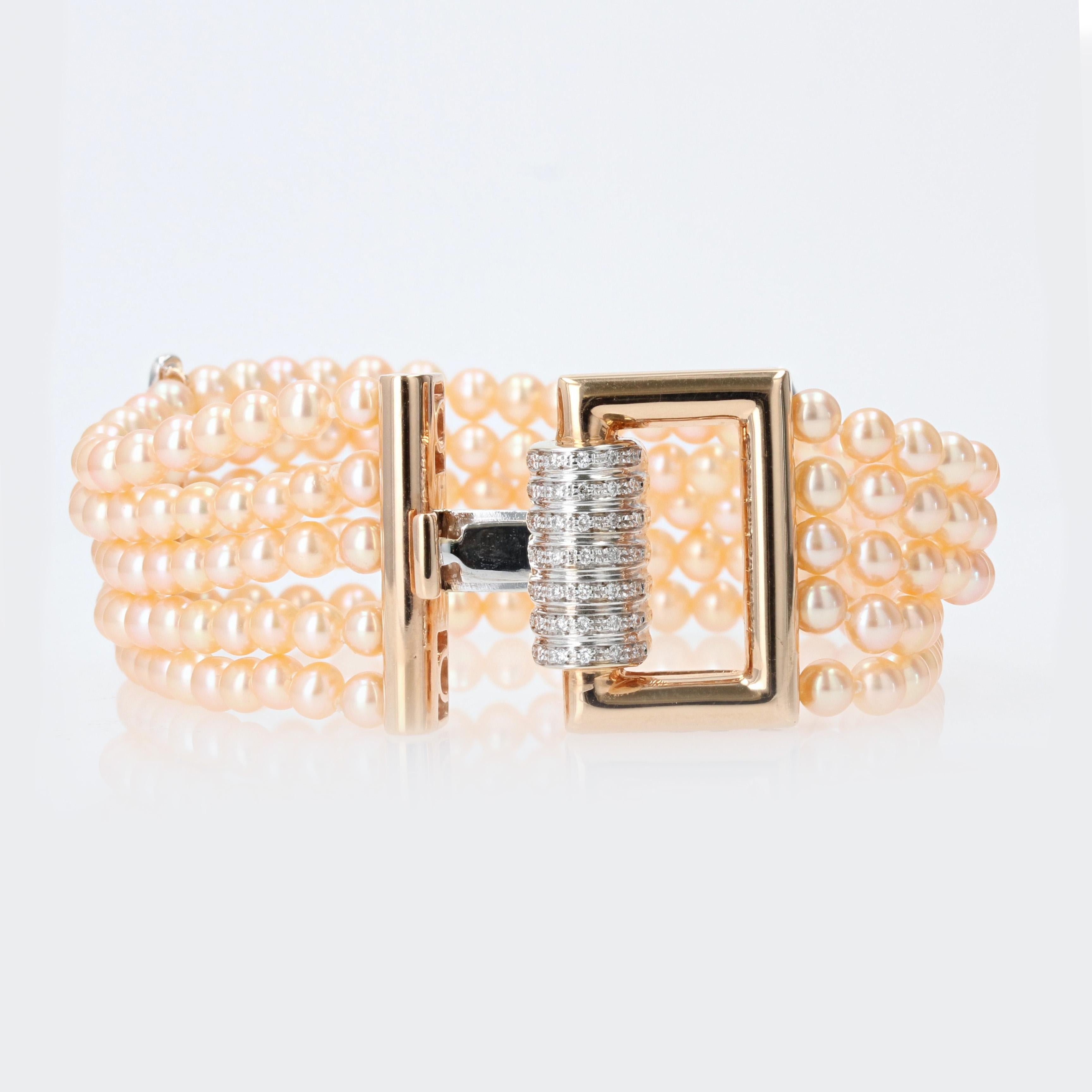 French Art Deco Style Pink Cultured Pearl Diamonds 18 Karat Rose Gold Bracelet For Sale 6