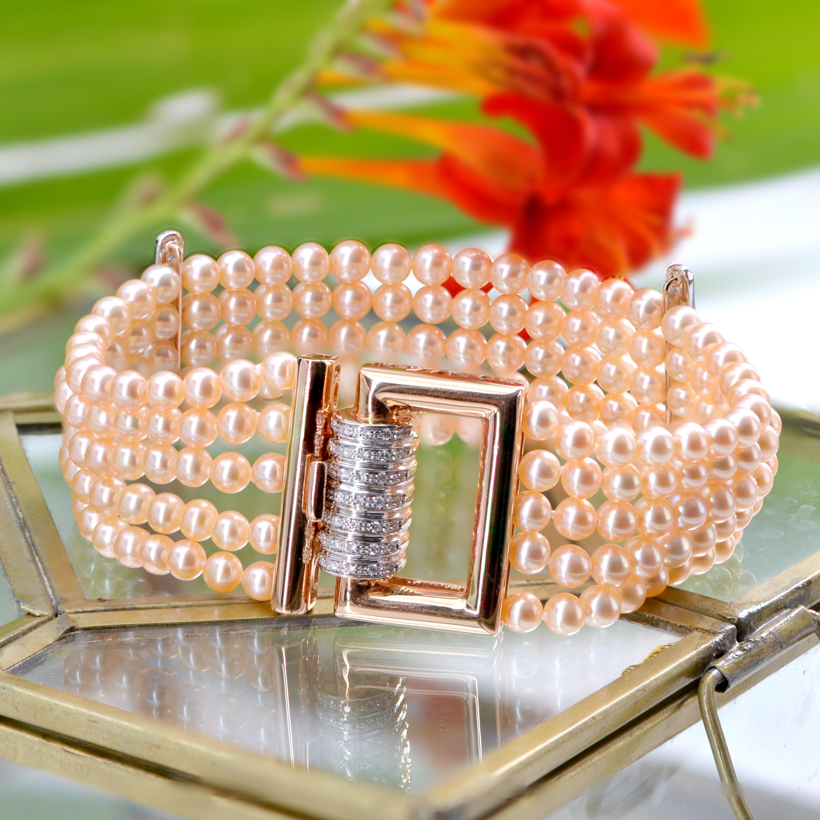 French Art Deco Style Pink Cultured Pearl Diamonds 18 Karat Rose Gold Bracelet For Sale 7