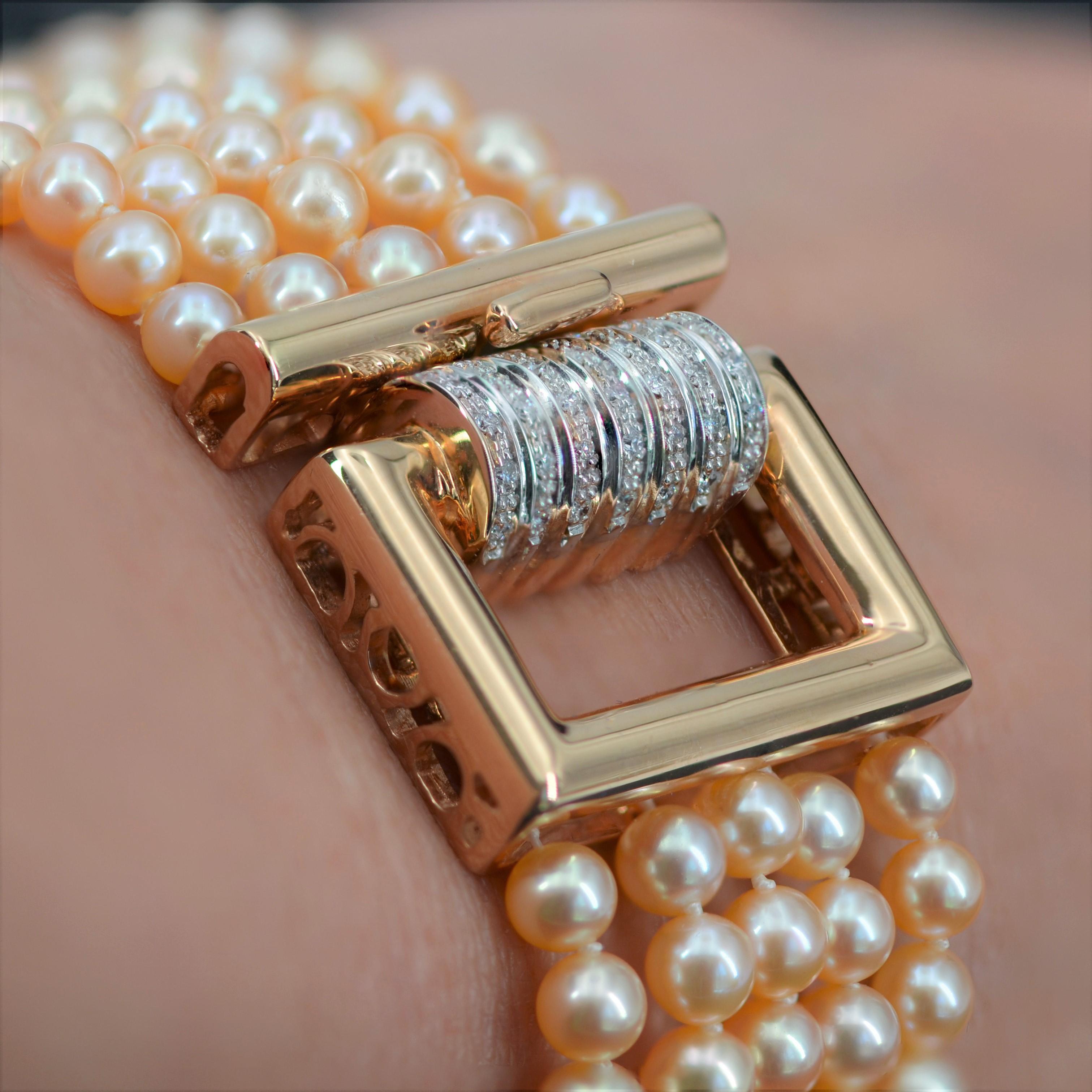 French Art Deco Style Pink Cultured Pearl Diamonds 18 Karat Rose Gold Bracelet For Sale 8