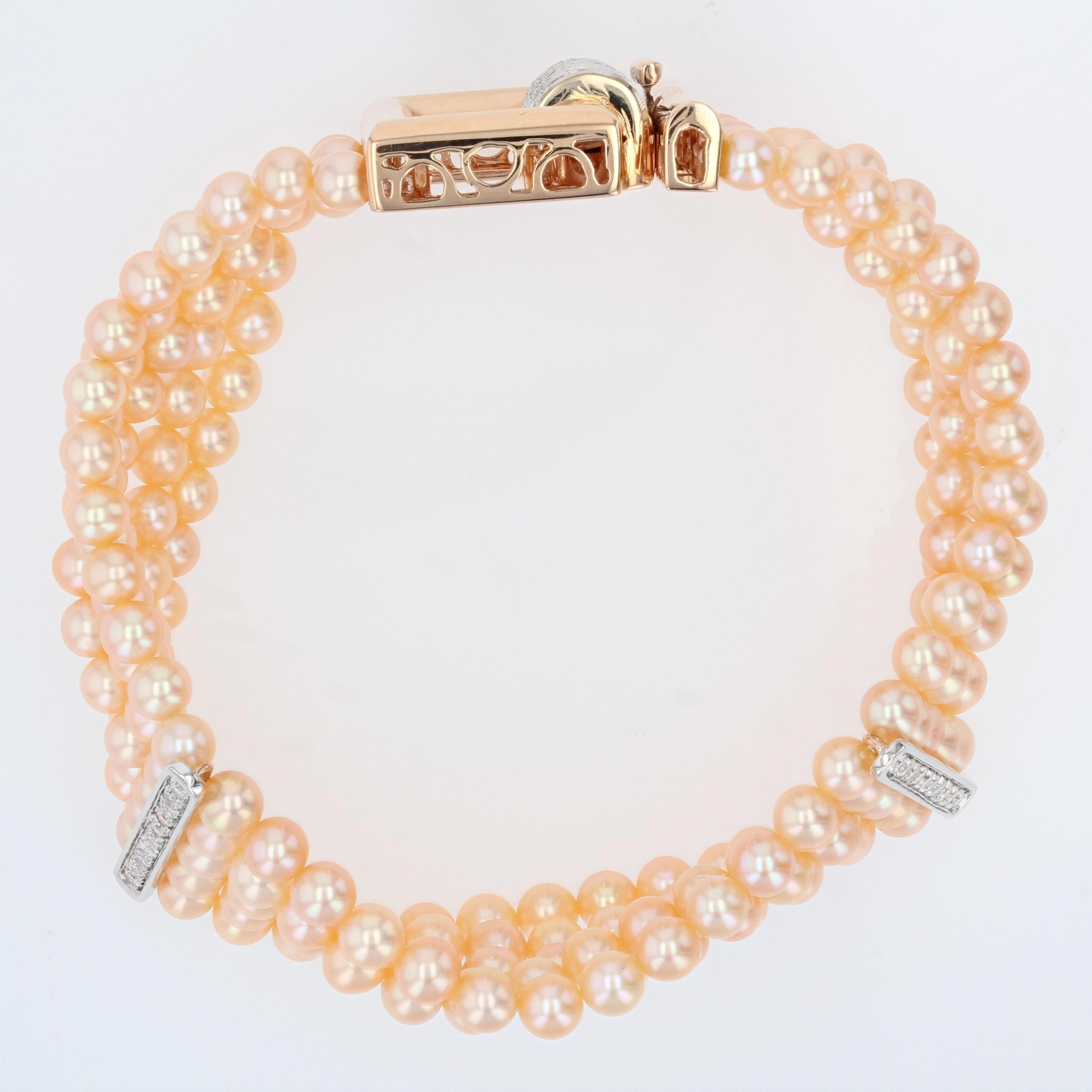 French Art Deco Style Pink Cultured Pearl Diamonds 18 Karat Rose Gold Bracelet For Sale 9