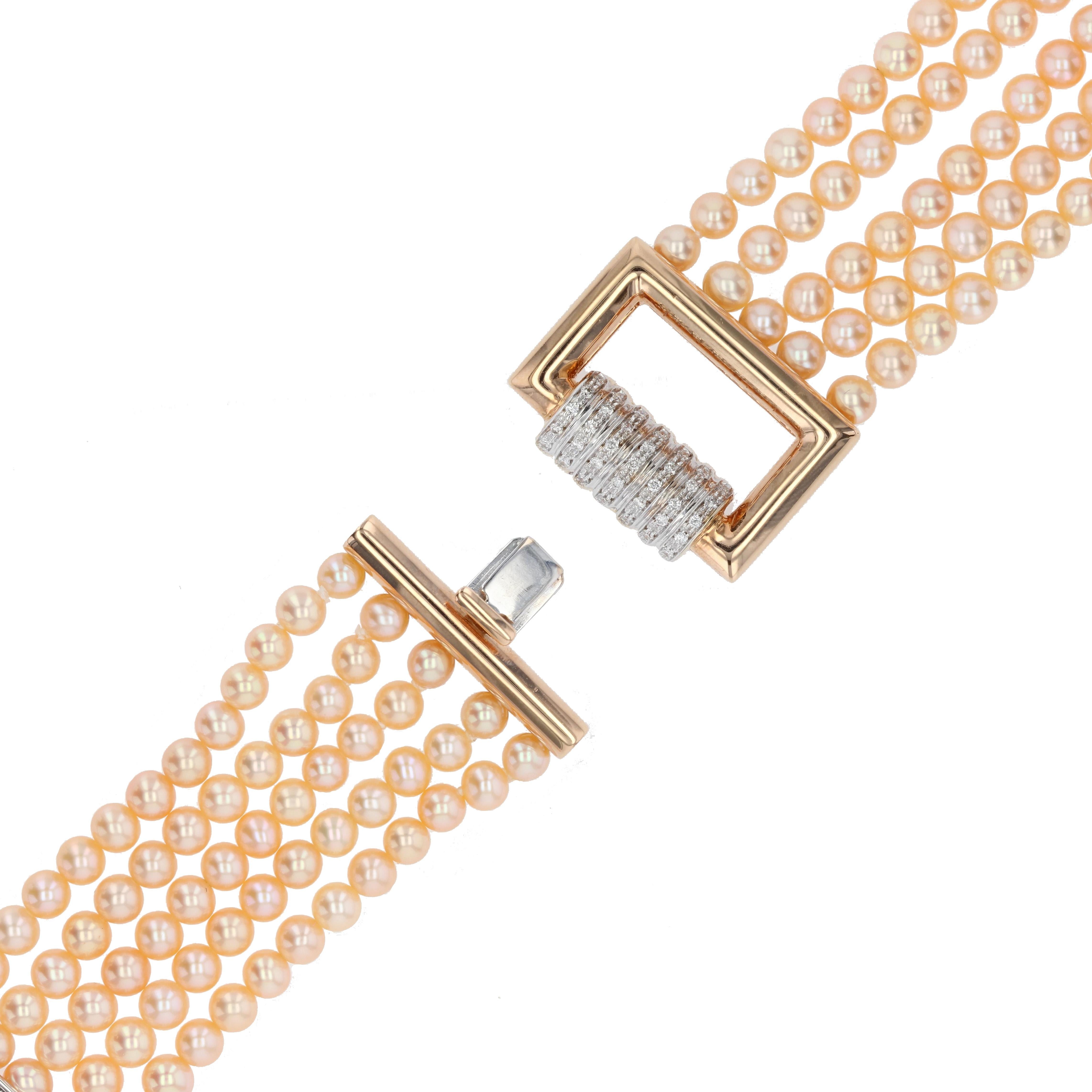 French Art Deco Style Pink Cultured Pearl Diamonds 18 Karat Rose Gold Bracelet For Sale 10