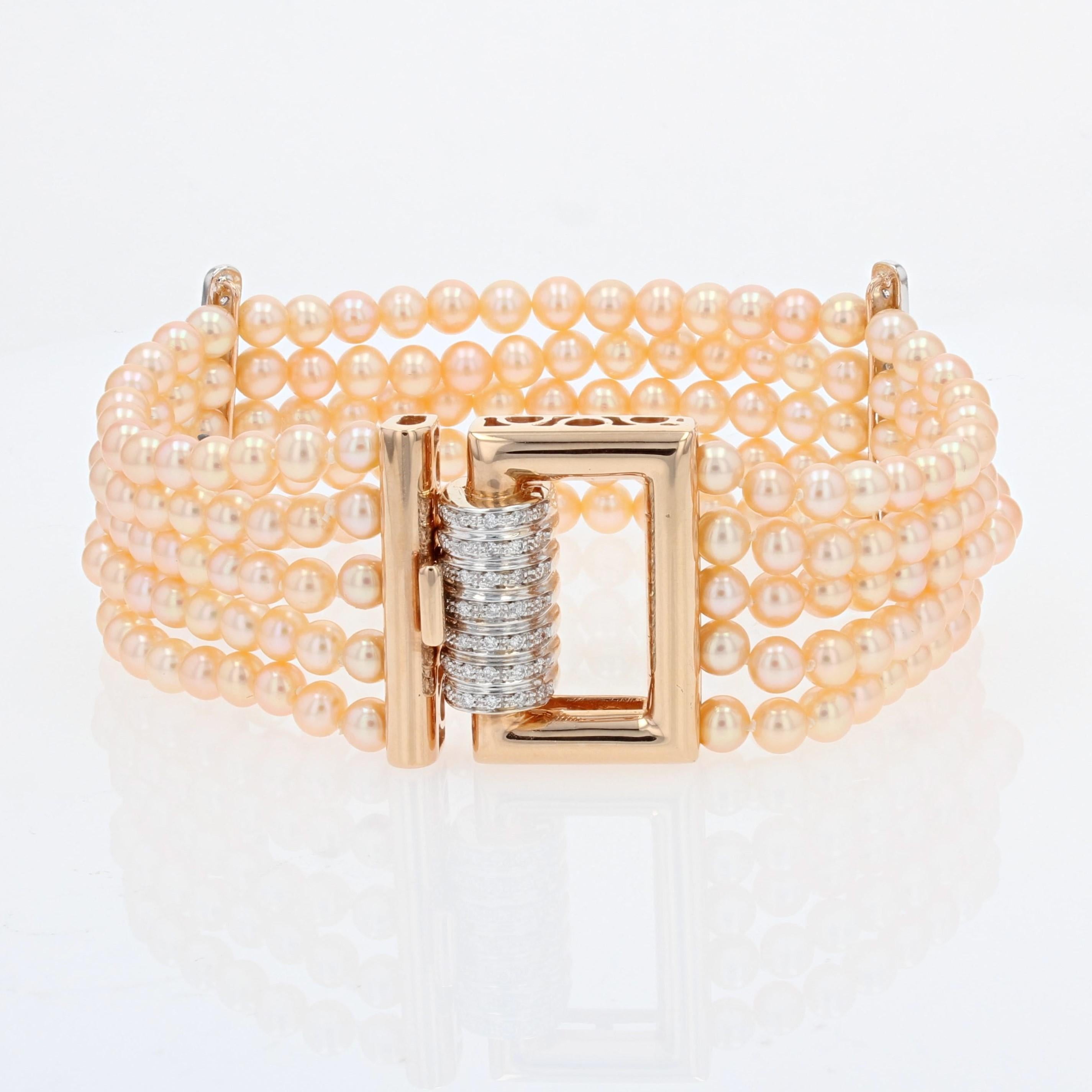 Bead French Art Deco Style Pink Cultured Pearl Diamonds 18 Karat Rose Gold Bracelet For Sale