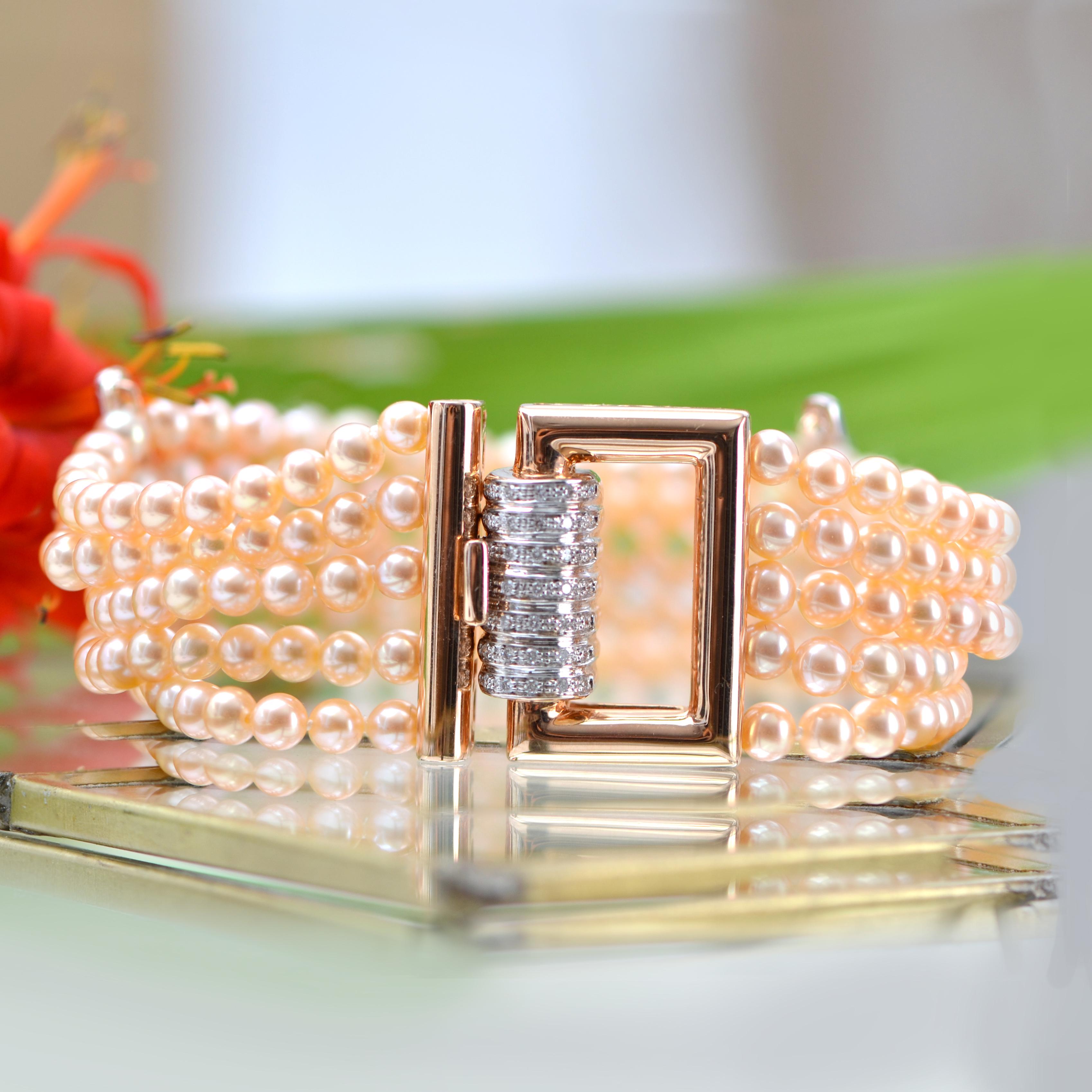 French Art Deco Style Pink Cultured Pearl Diamonds 18 Karat Rose Gold Bracelet In New Condition For Sale In Poitiers, FR