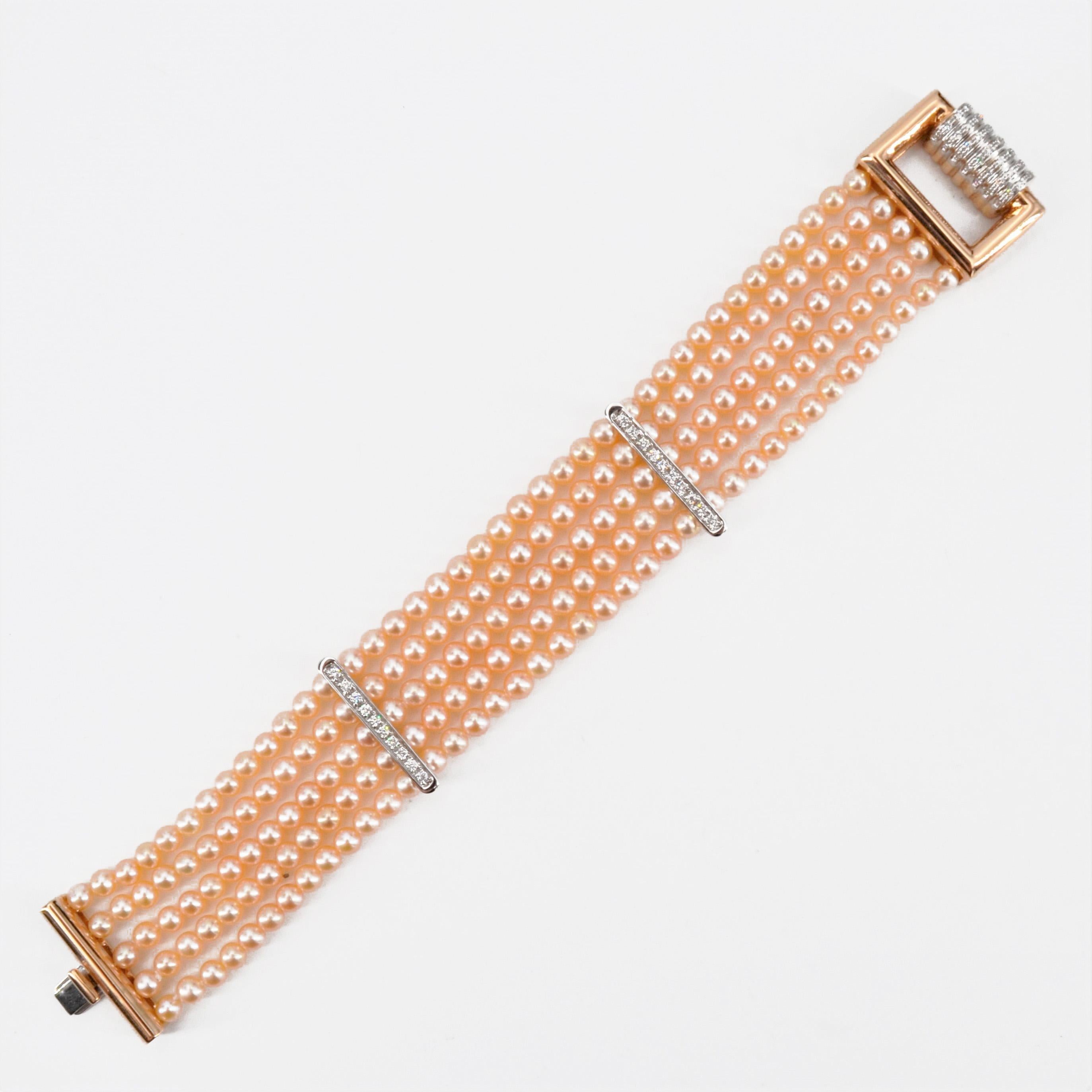 Armband aus 18 Karat Rosgold mit rosa Zuchtperlen und Diamanten im Art-dco-Stil im Zustand „Neu“ im Angebot in Poitiers, FR