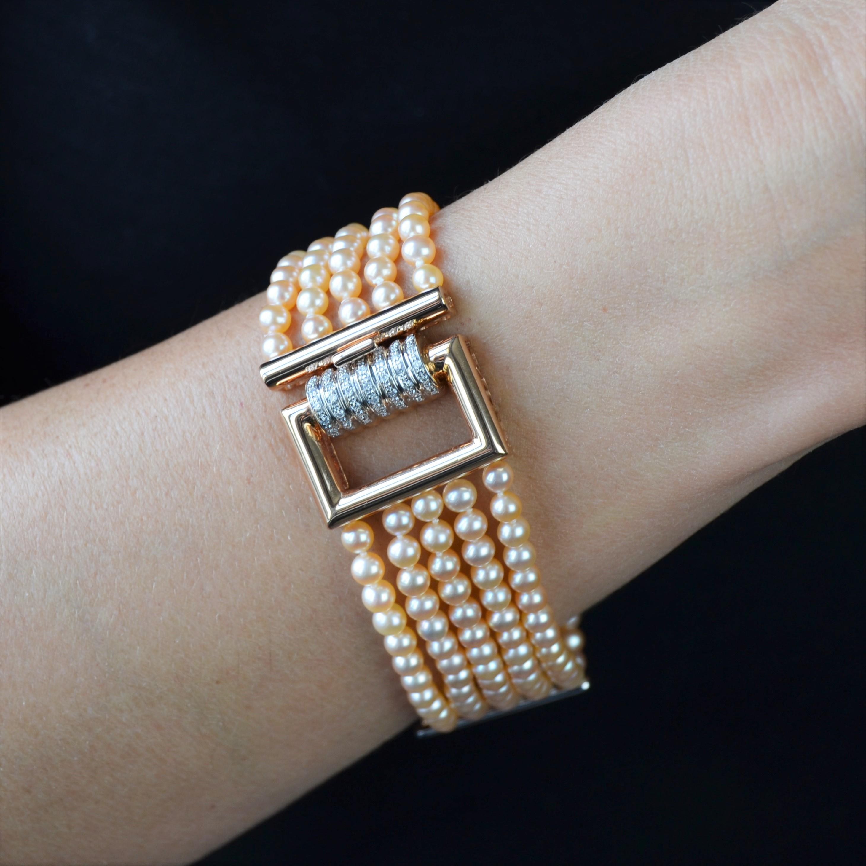 French Art Deco Style Pink Cultured Pearl Diamonds 18 Karat Rose Gold Bracelet For Sale 1
