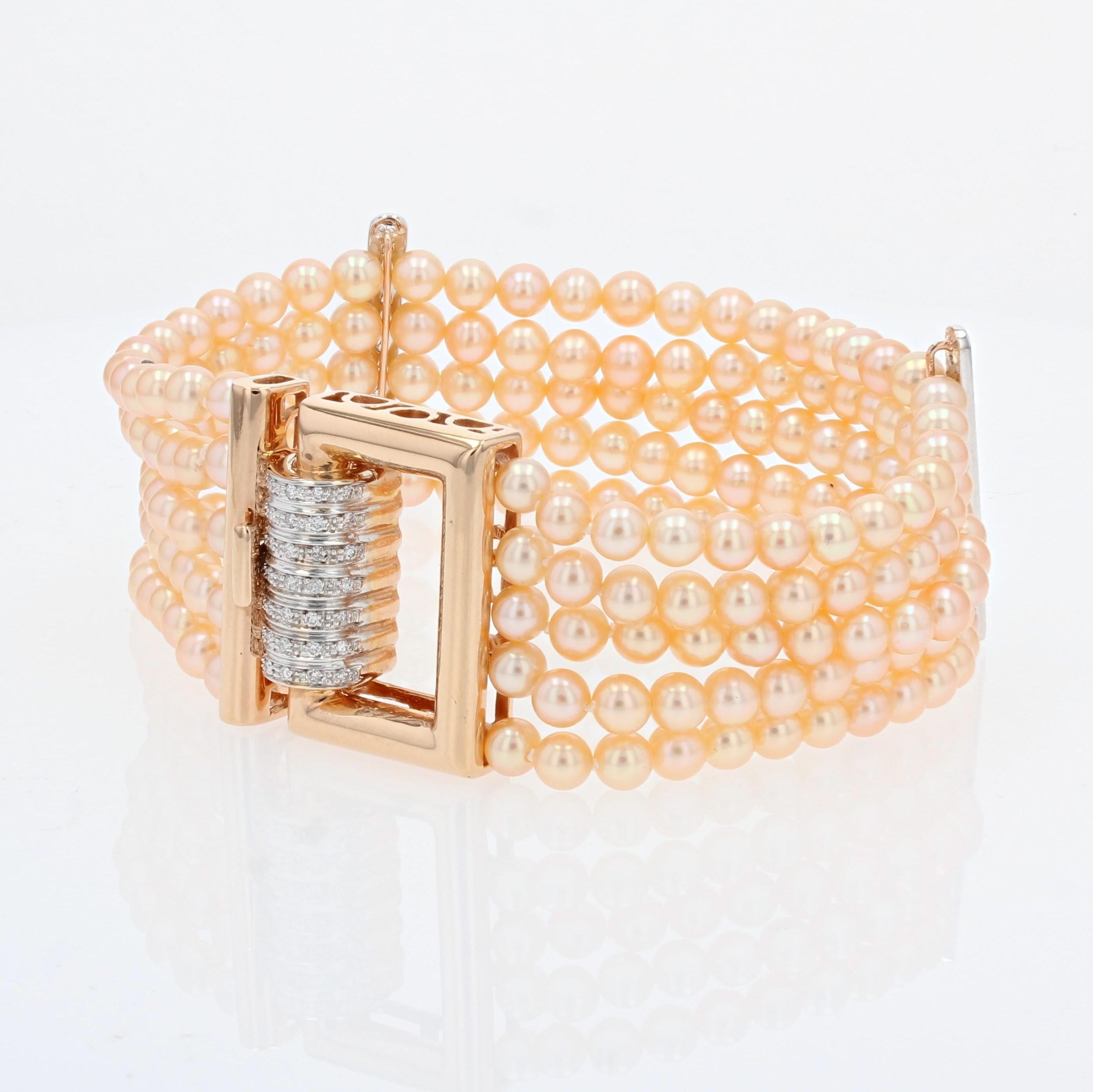 French Art Deco Style Pink Cultured Pearl Diamonds 18 Karat Rose Gold Bracelet For Sale 2