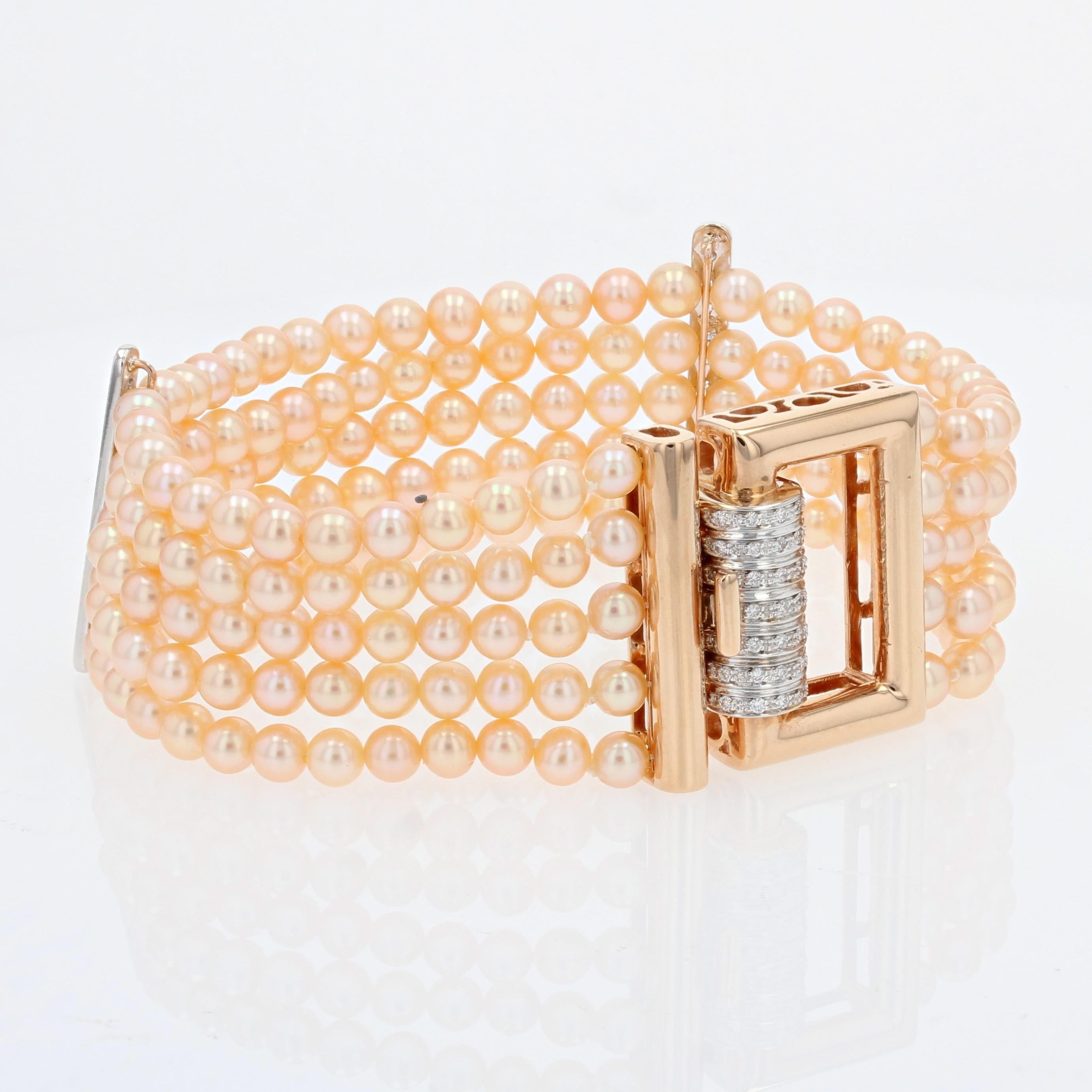 French Art Deco Style Pink Cultured Pearl Diamonds 18 Karat Rose Gold Bracelet For Sale 3