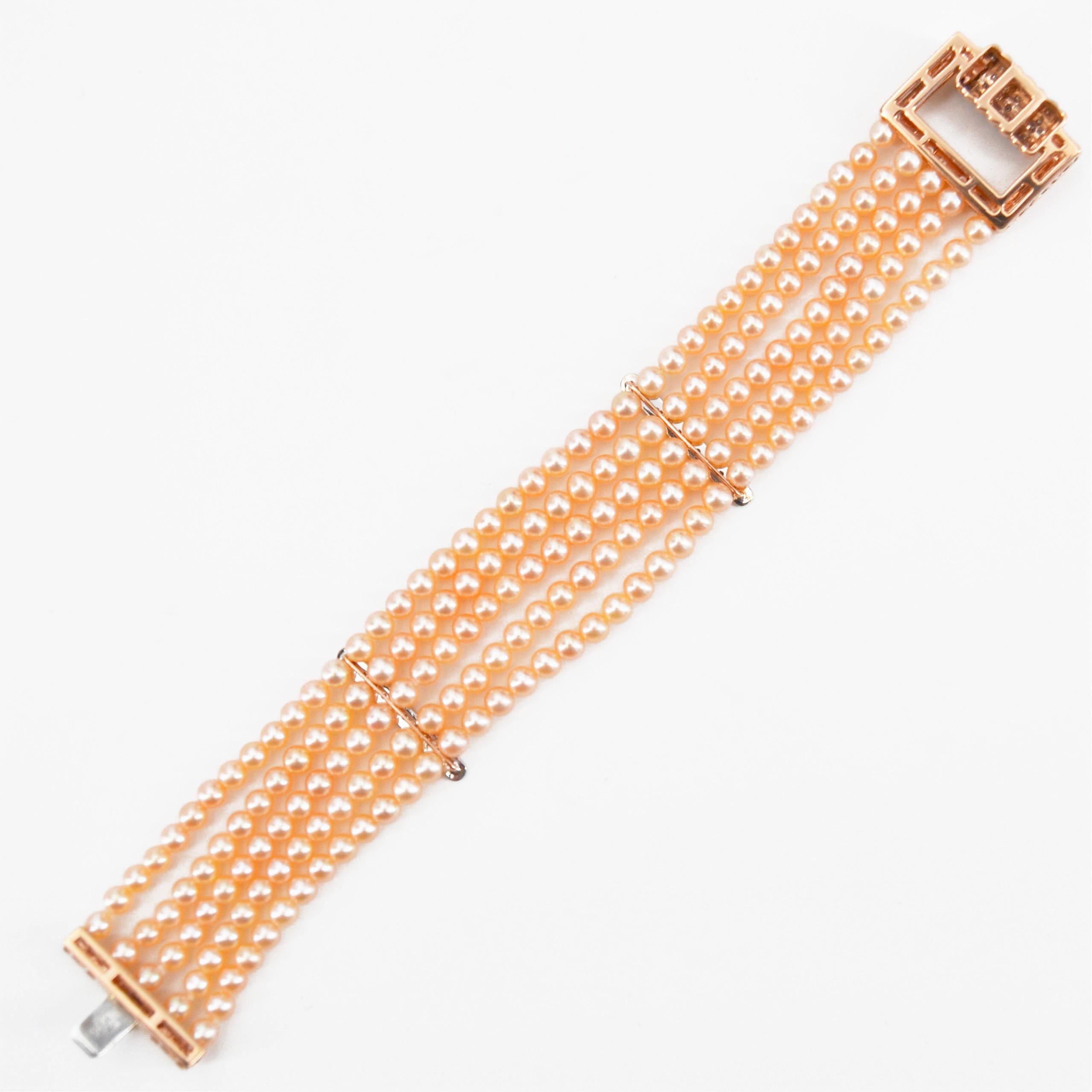 French Art Deco Style Pink Cultured Pearl Diamonds 18 Karat Rose Gold Bracelet For Sale 4