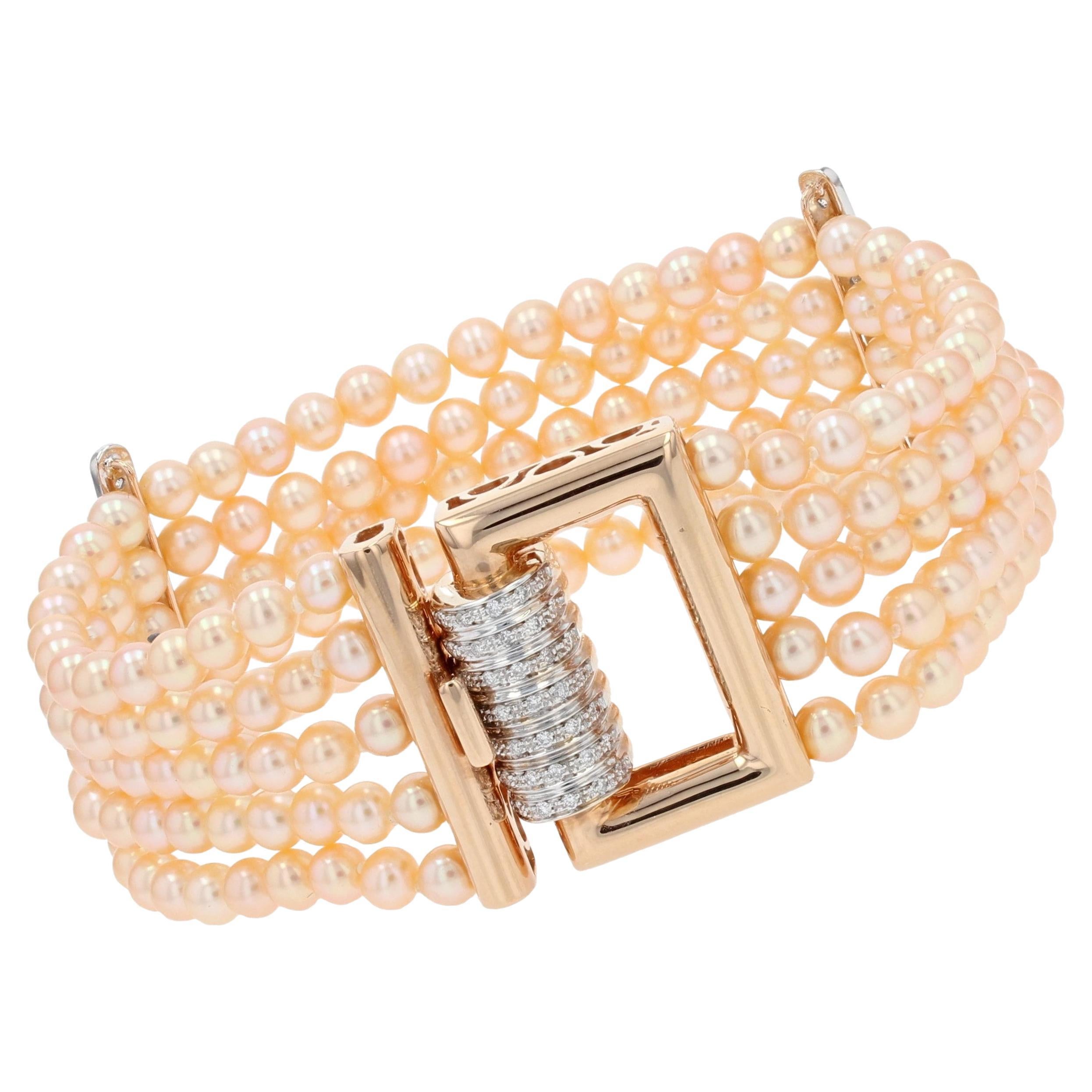 French Art Deco Style Pink Cultured Pearl Diamonds 18 Karat Rose Gold Bracelet For Sale