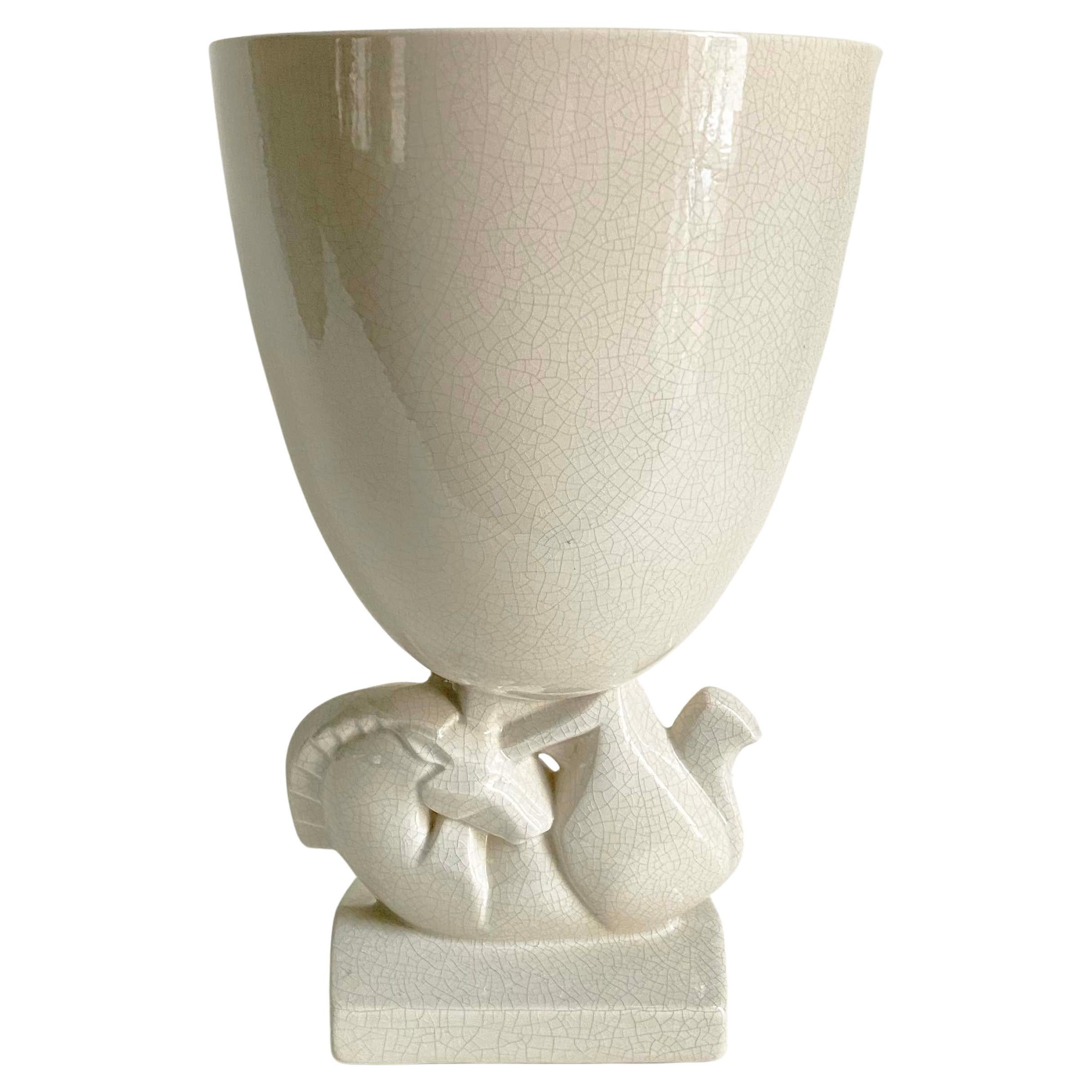 French Art Deco St. Clement Ceramic Crackle Horse Equestrian Vase For Sale