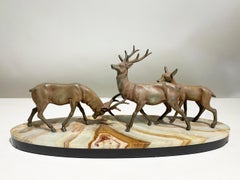 French Art Deco Stag and Doe Sculpture, Spelter with Marble Base, 1930's