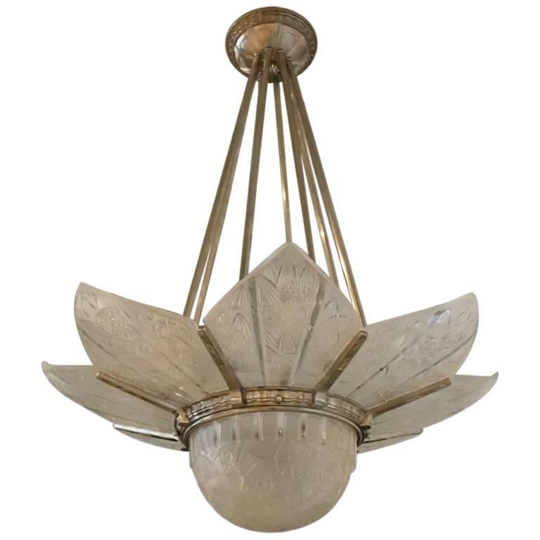 French Art Deco Starburst Chandelier Signed by Hettier Vincent For Sale
