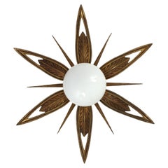 French Art Deco Starburst Sunburst Flush Mount in Bronze and Milk Glass