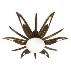 French Art Deco Starburst Sunburst Flush Mount in Bronze and Milk Glass