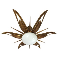 French Art Deco Starburst Sunburst Flush Mount in Bronze and Milk Glass