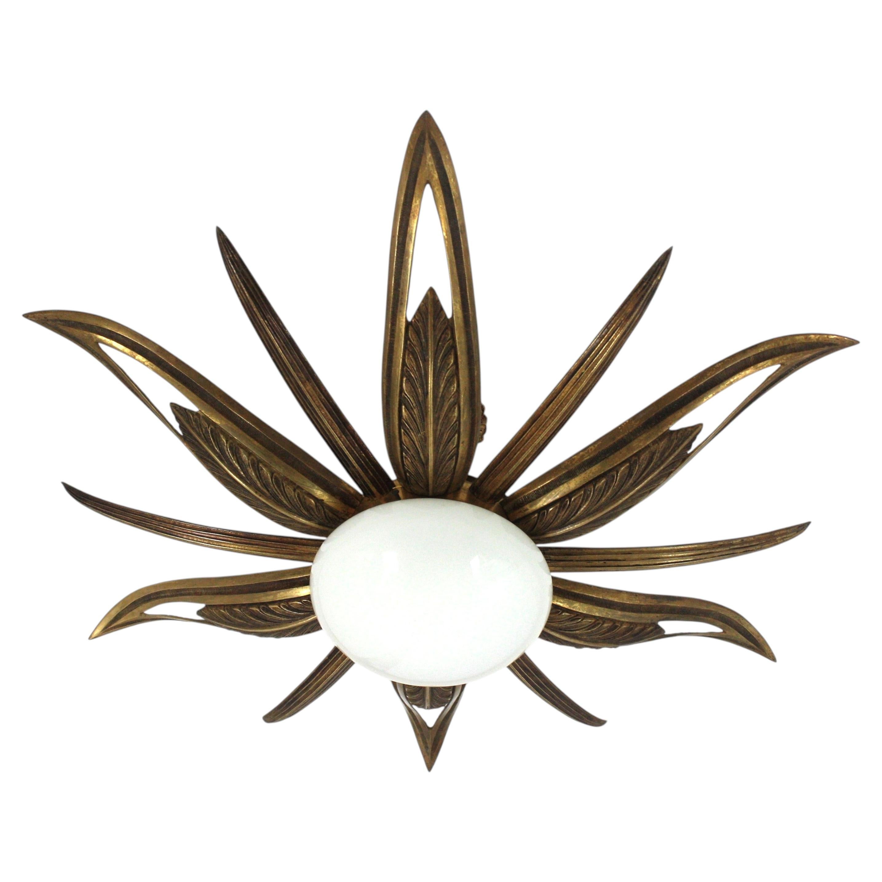 French Art Deco Starburst Sunburst Flush Mount in Bronze and Milk Glass For Sale