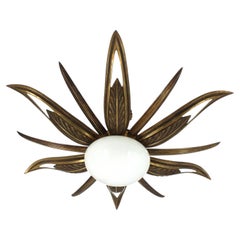 French Art Deco Starburst Sunburst Flush Mount in Bronze and Milk Glass