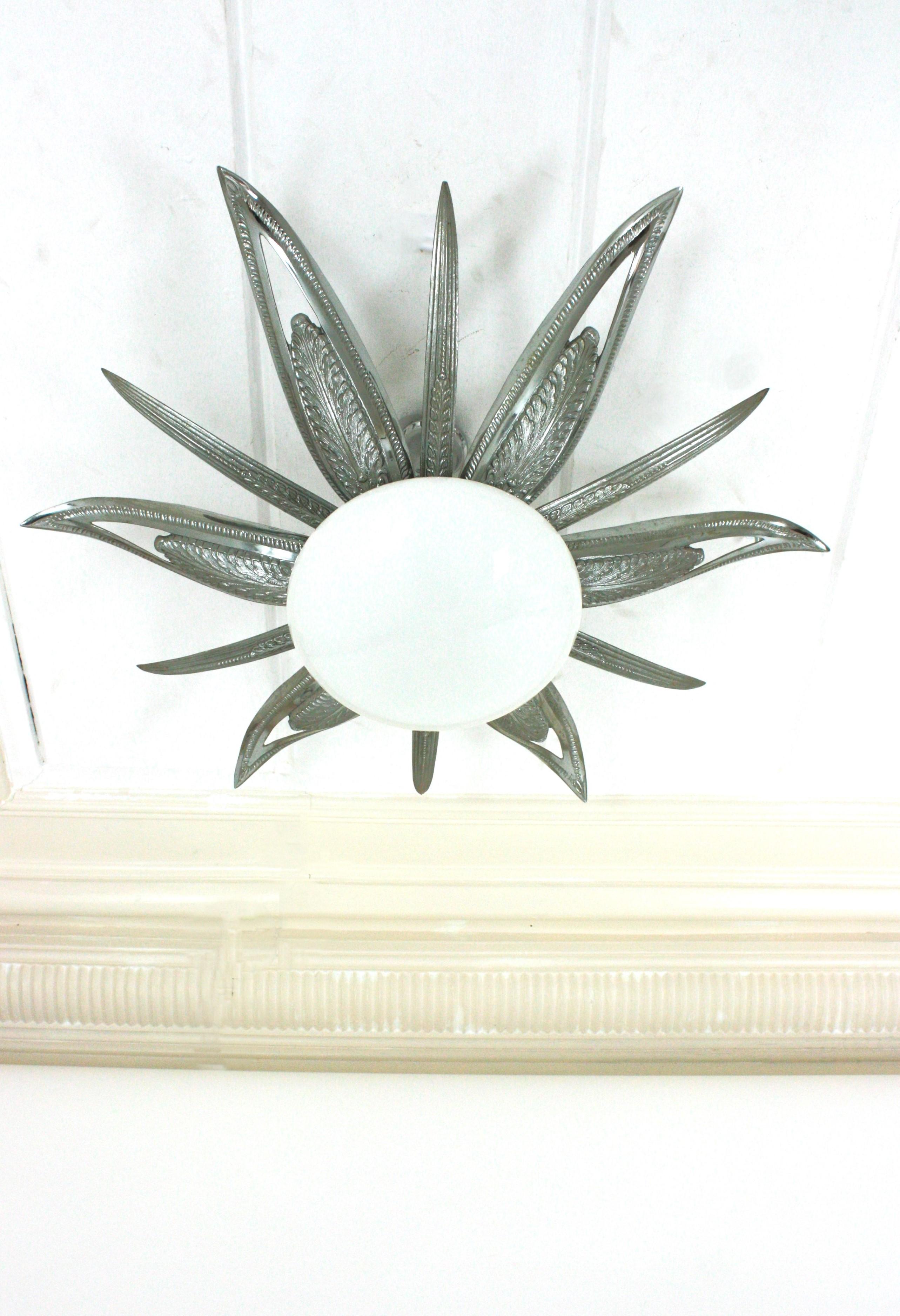 French Art Deco Starburst Sunburst Flush Mount, Silvered Bronze and Milk Glass For Sale 5