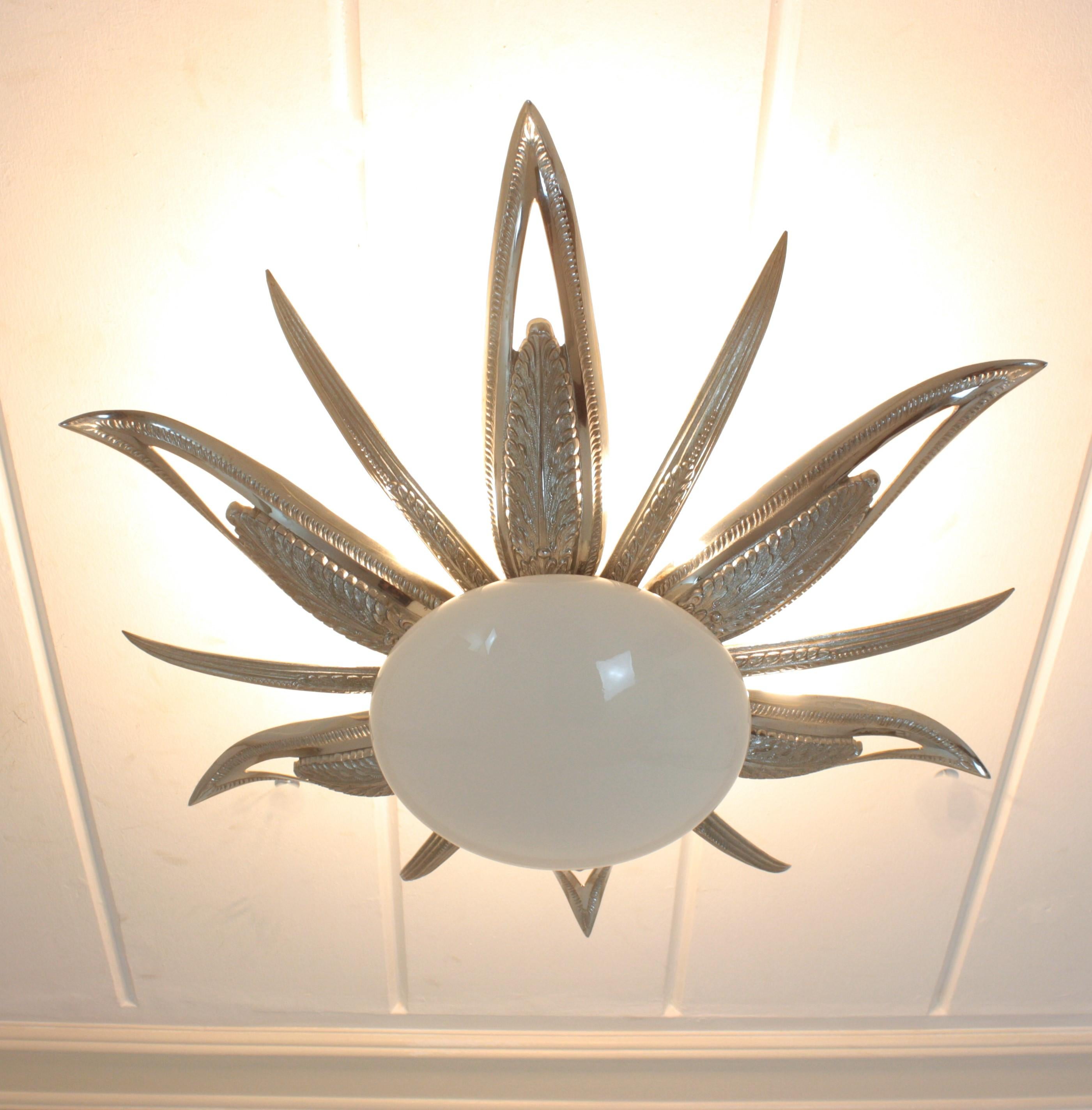French Art Deco Starburst Sunburst Flush Mount, Silvered Bronze and Milk Glass For Sale 9