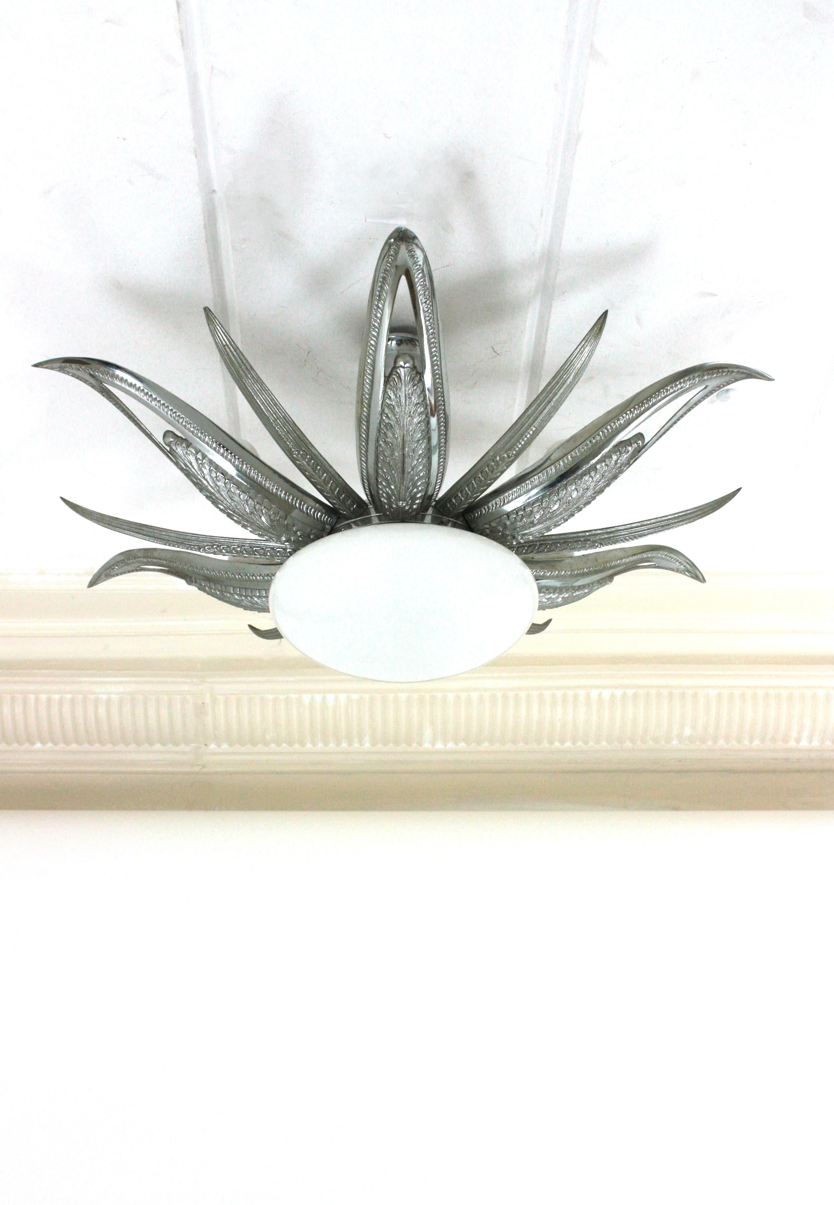 French Art Deco Starburst Sunburst Flush Mount, Silvered Bronze and Milk Glass For Sale 10