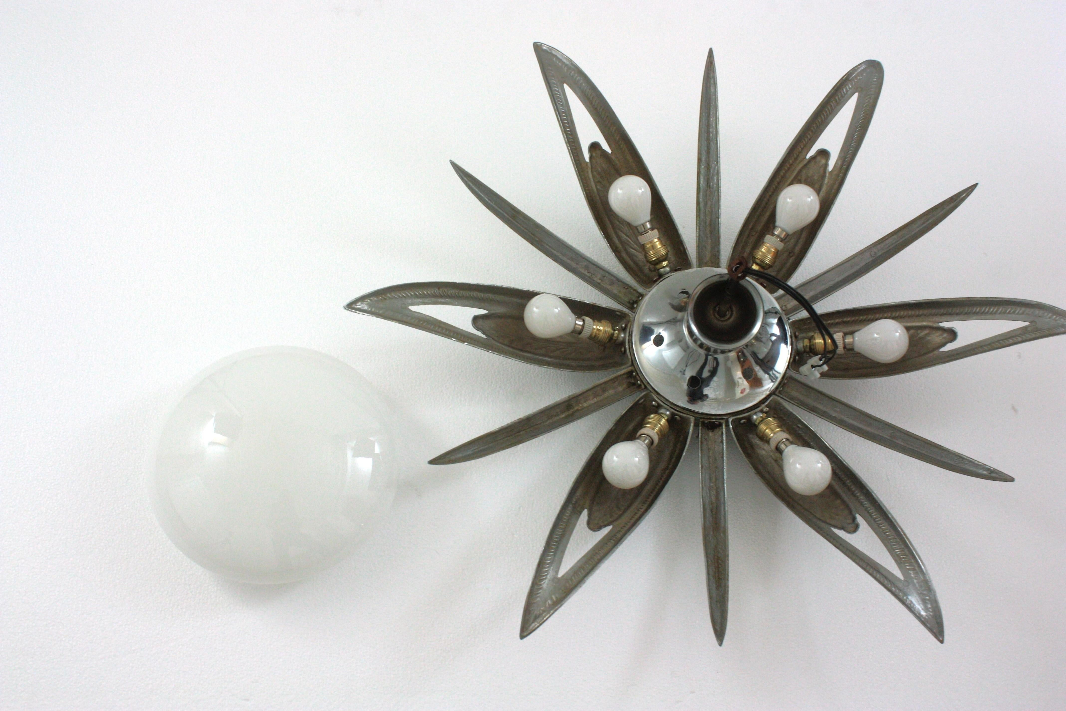 French Art Deco Starburst Sunburst Flush Mount, Silvered Bronze and Milk Glass For Sale 15