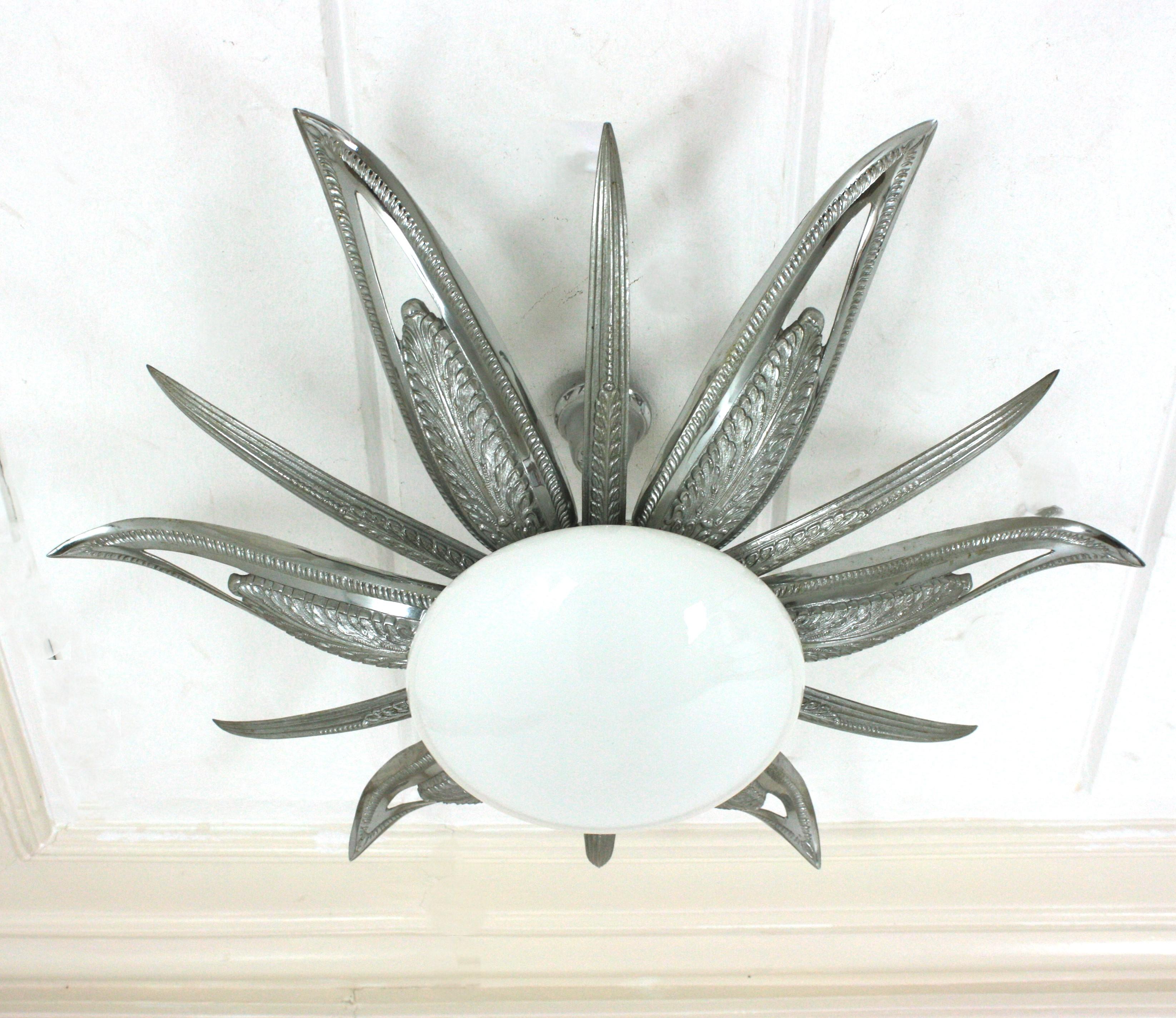 French Art Deco Starburst Sunburst Flush Mount, Silvered Bronze and Milk Glass For Sale 1
