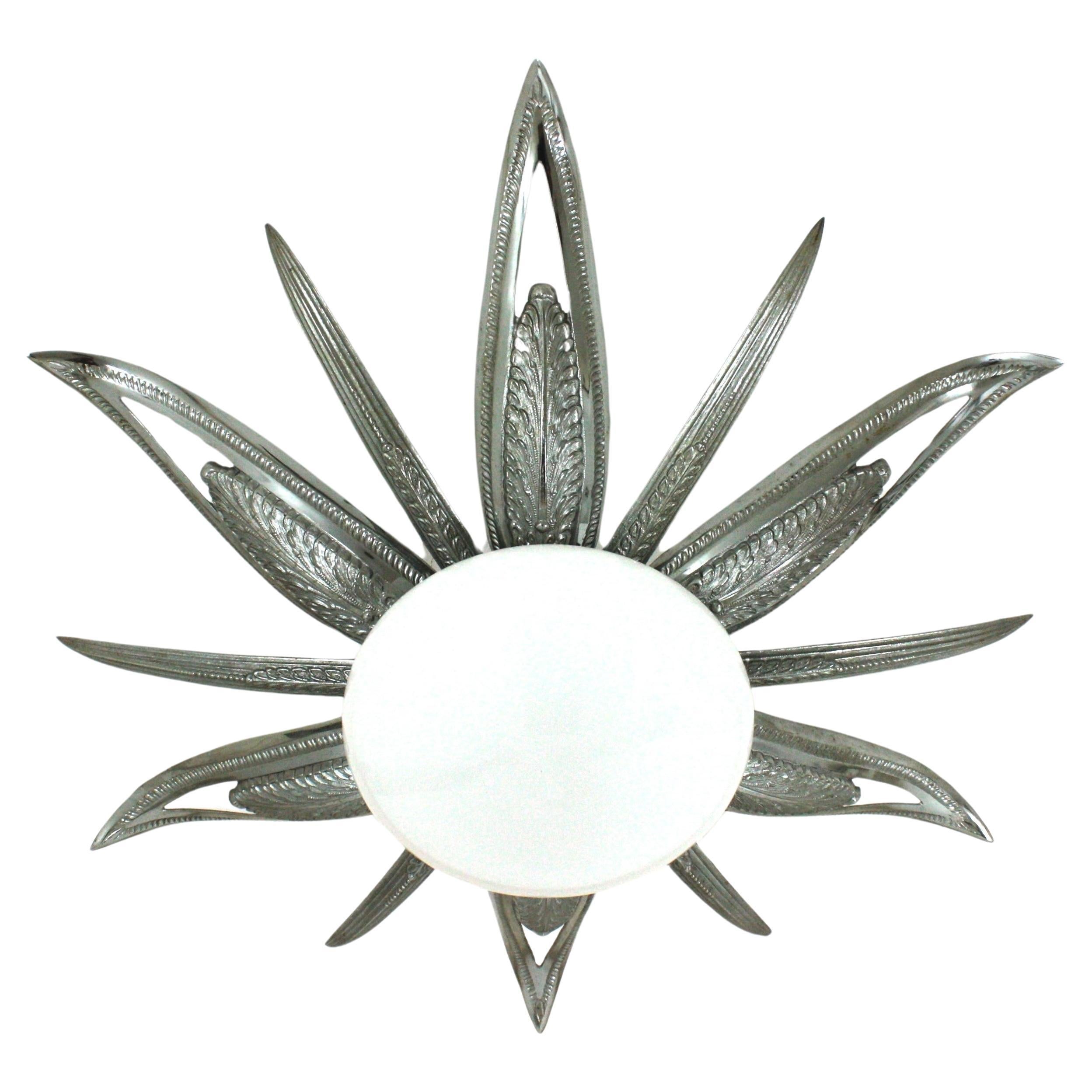 French Art Deco Starburst Sunburst Flush Mount, Silvered Bronze and Milk Glass For Sale