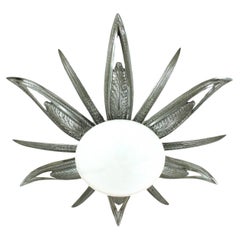 French Art Deco Starburst Sunburst Flush Mount, Silvered Bronze and Milk Glass