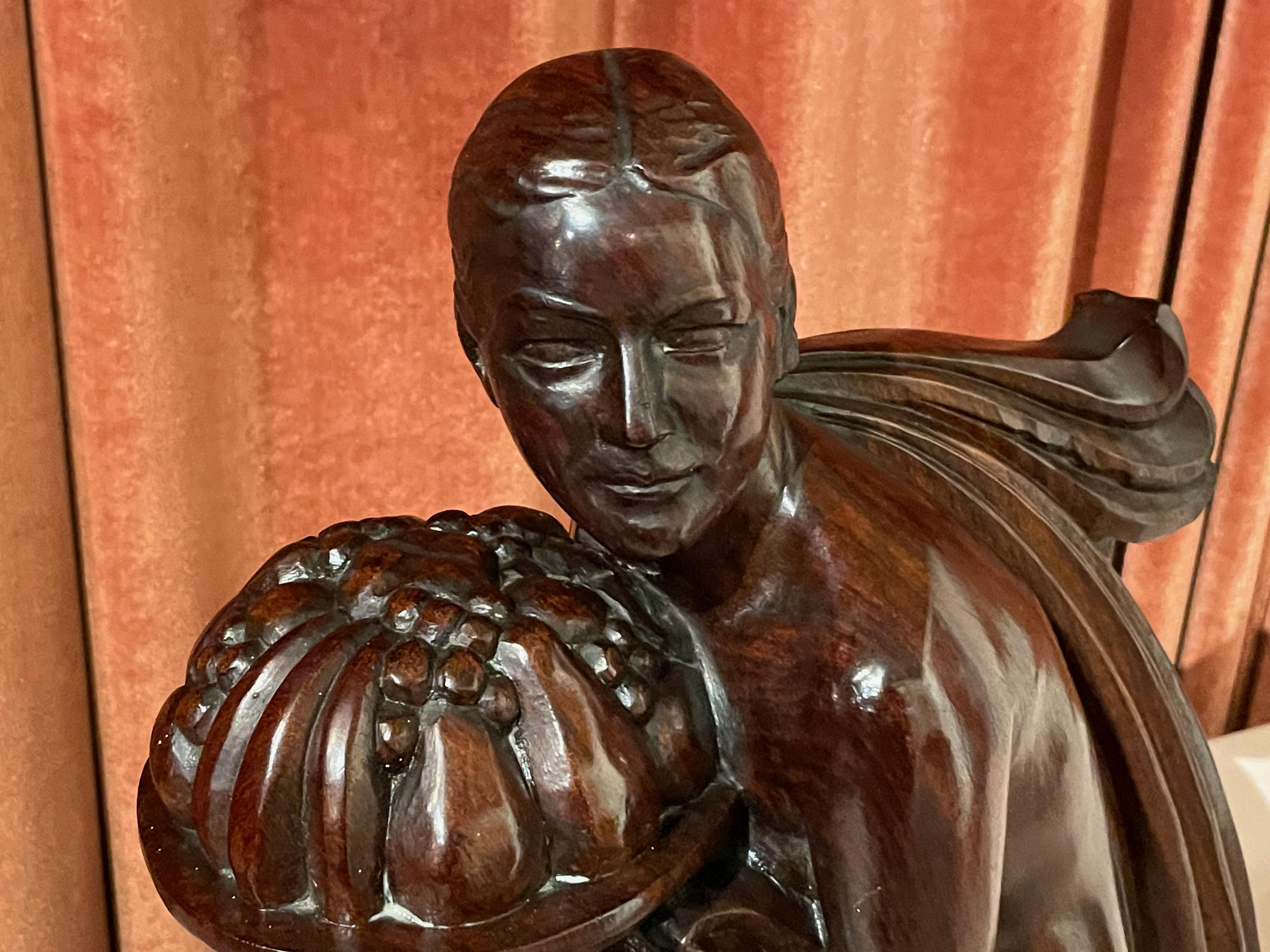 French Art Deco Statue Hand Carved Rosewood Woman with Fruit by G. Verez In Good Condition In Oakland, CA