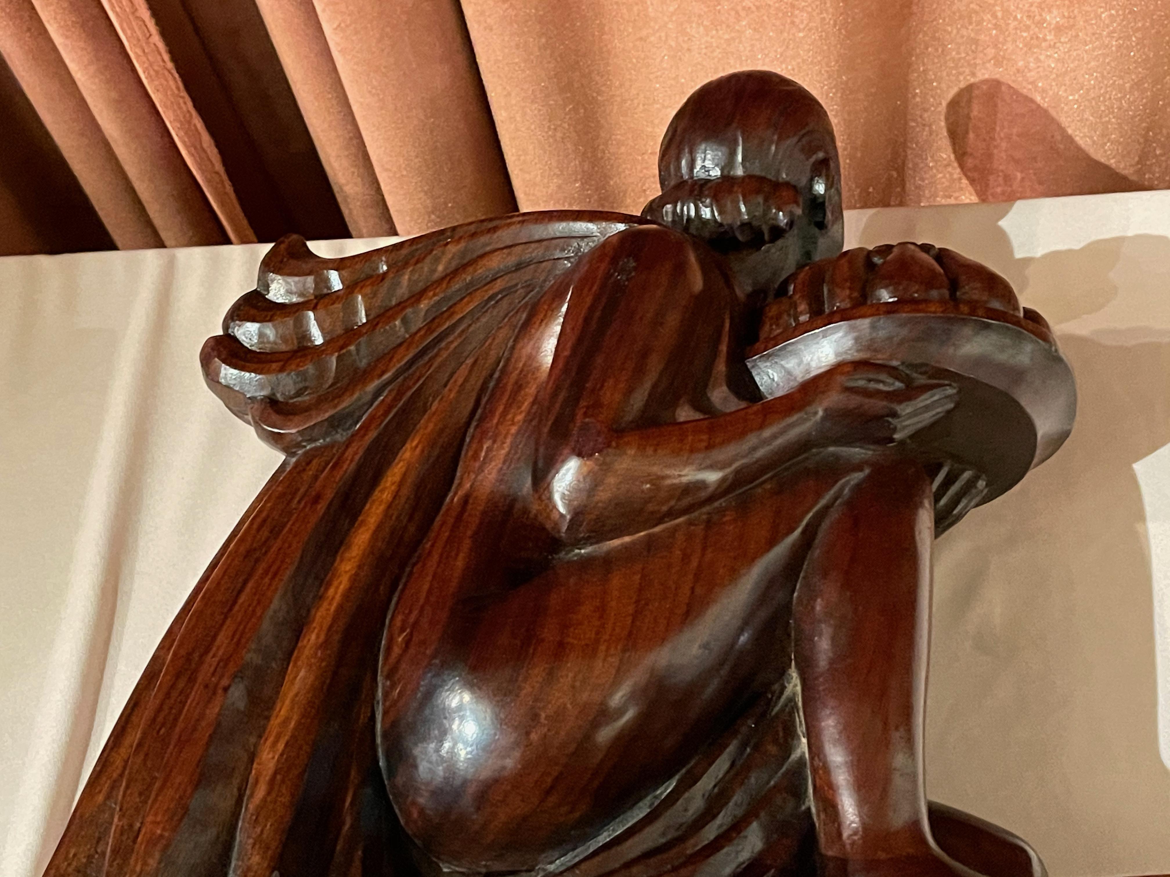 Early 20th Century French Art Deco Statue Hand Carved Rosewood Woman with Fruit by G. Verez