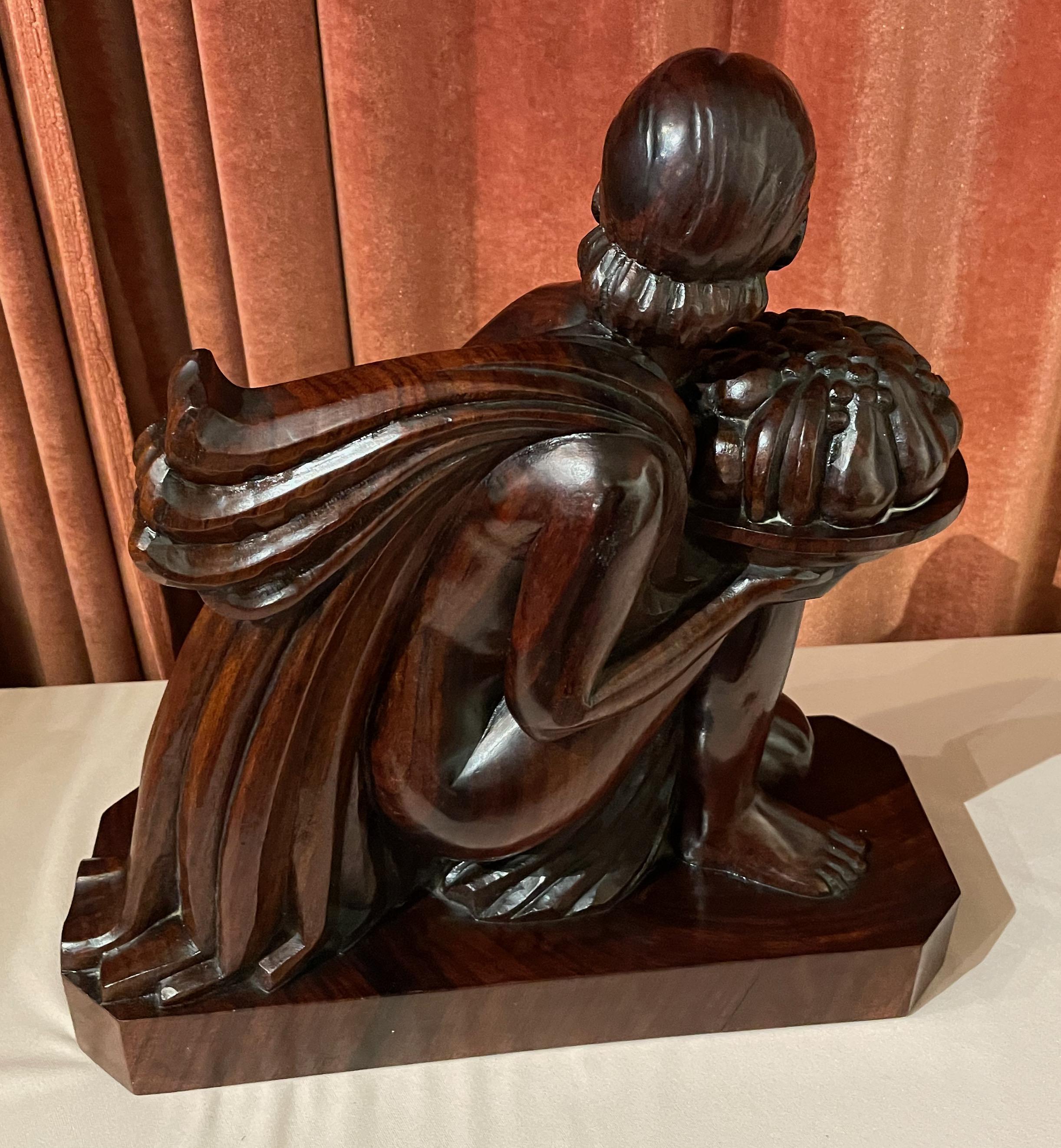 Wood French Art Deco Statue Hand Carved Rosewood Woman with Fruit by G. Verez