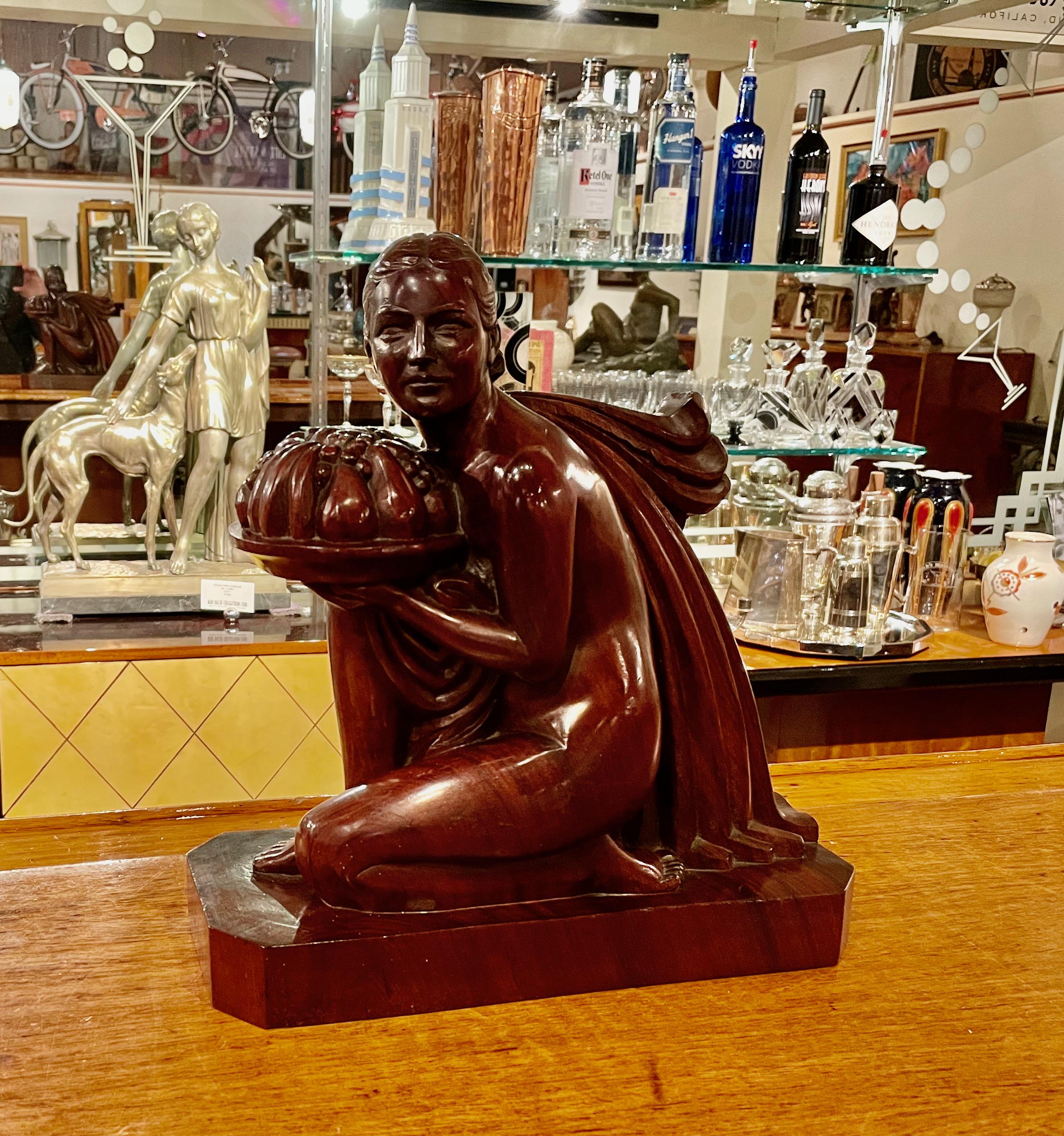 French Art Deco Statue Hand Carved Rosewood Woman with Fruit by G. Verez 1