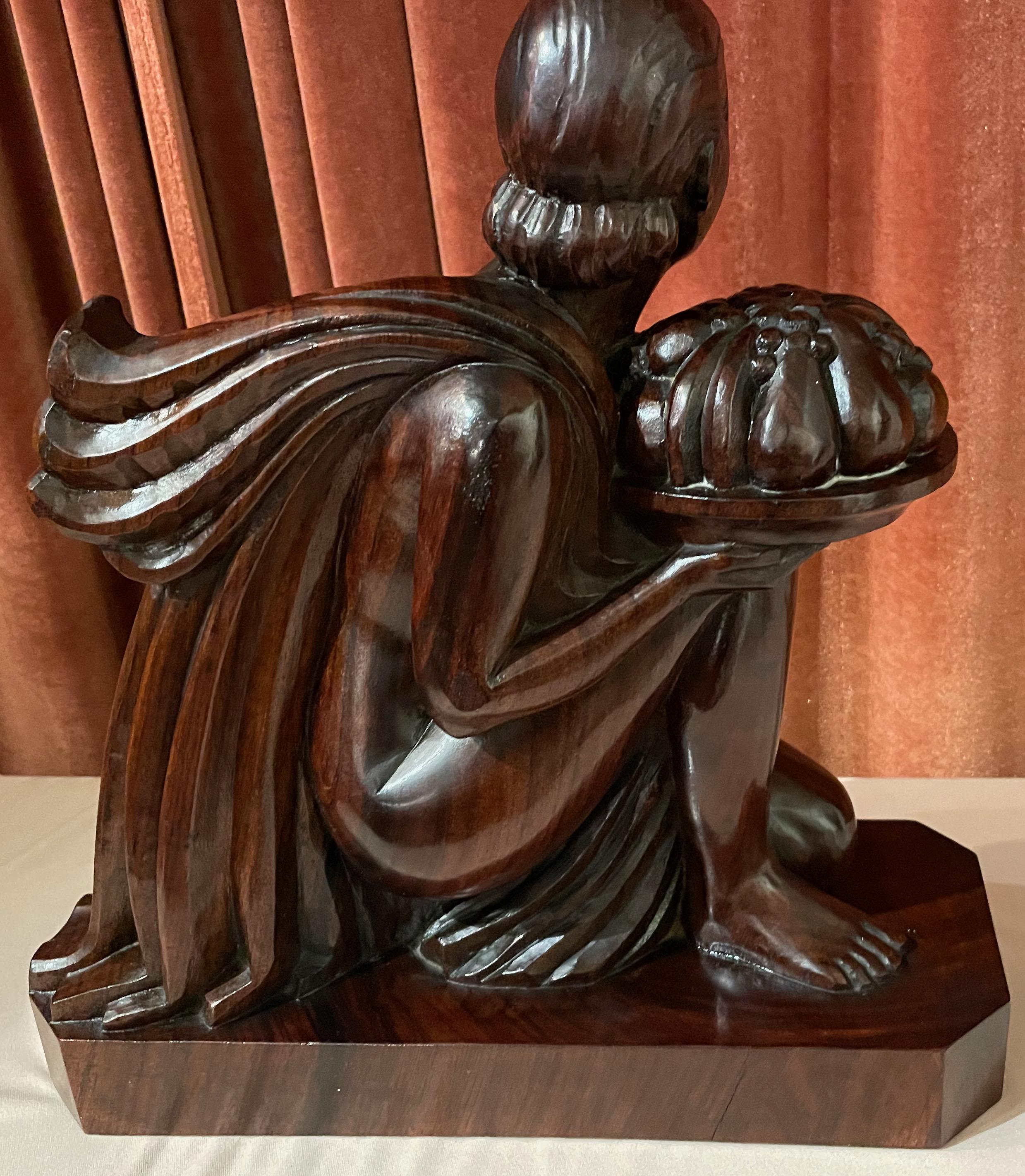 French Art Deco Statue Hand Carved Rosewood Woman with Fruit by G. Verez 2