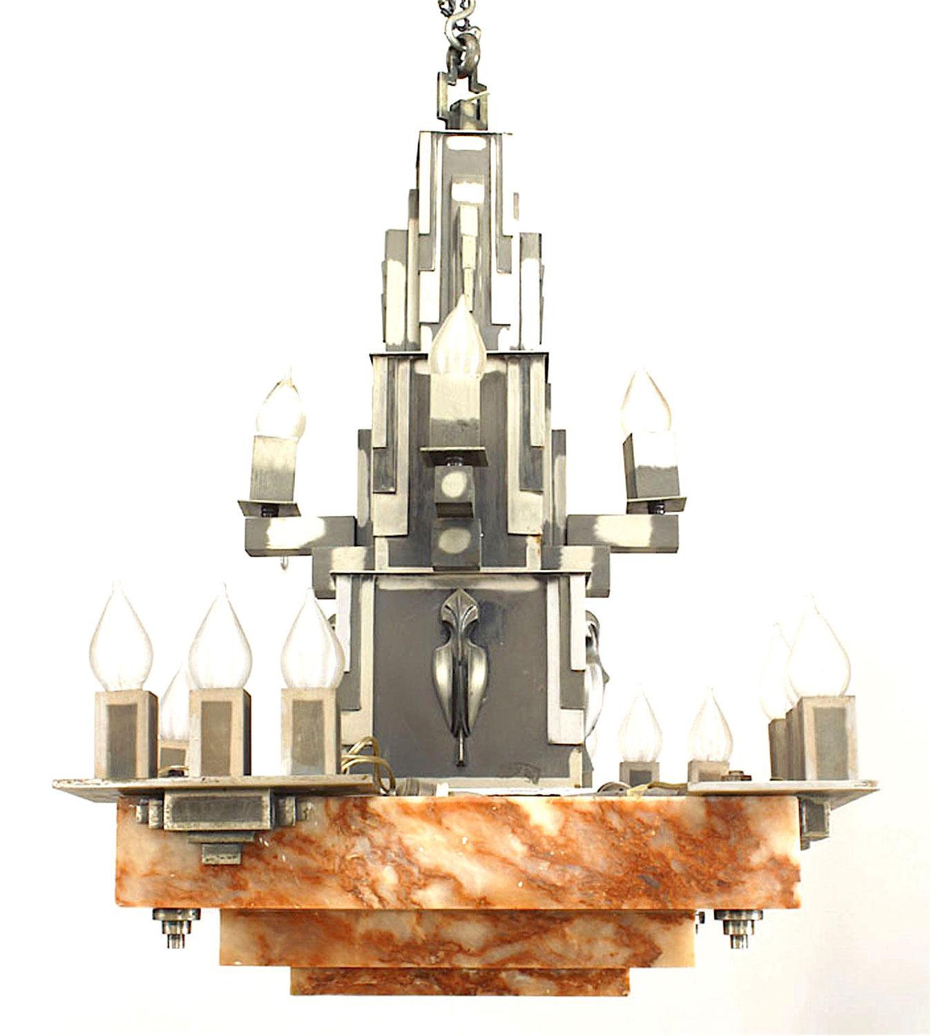 French Art Deco 16 light chandelier with a 3 tiered square marble base supporting a 3 tiered steel geometric upper section.

Ships with NO bulbs.    rnrnIt takes 20 bulbs with Edison base, frosted flame tip and the wattage should be 25W for each